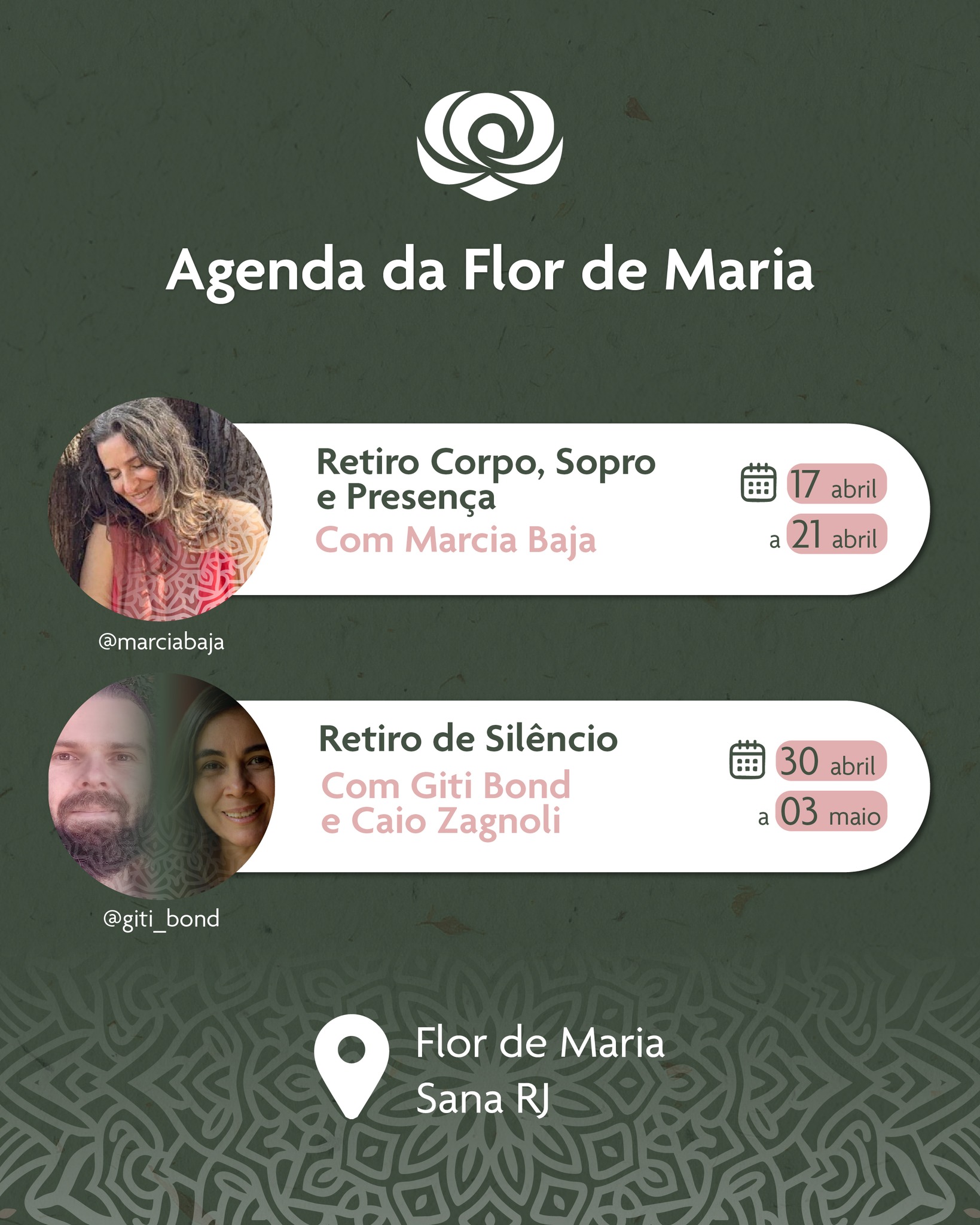 Confira a nossa programação confirmada e sinta qual destas datas o seu coração escolhe para estar conosco no Sana:
Retiros da Flor de Maria
17/04 a 21/04 Retiro com Marcia Baja @marciabaja
30/04 a 03/05 Retiro de Silêncio, com Giti Bond @giti_bond
Agenda Geral
03/04 a 05/04 Retiro Corpo Consciente, com Júlia Viegas e Giovanna Vicentini @juviegasyoga e giovannaavicentini.psi
15/05 a 17/05 XXI Retiro Tai Chi Na Serra, com Alexandre Bastos @alexandretaichi
22/05 a 24/05 Retiro Corporear, com Ciça Rodrigues e Mari Abrahão @cicamelorodrigues @mariabrahao.yoga
04/06 a 14/06 Retiro Práticas e Ensinamentos para Tempos
Turbulentos Com Tashi Colman
25/06 a 28/06 Tudo Sana! Retiro Para o Despertar, com Branca Messina @brancamessina
20/10 a 31/10 Retiro Mulheres e Homens Medicina da Nova Terra, com Miriam Kanâ Ruapa, Pajé Maputyrara, Thyriu Guajajara e Maputyra Guajajara @miriam_kanaruapa
🔗 Quer saber detalhes de algum destes encontros? Fale com a nossa equipe.
#FlorDeMaria #Agenda2026 #RetirosBrasil #SanaRJ #Autoconhecimento #Silencio #YogaBrasil #BemEstar