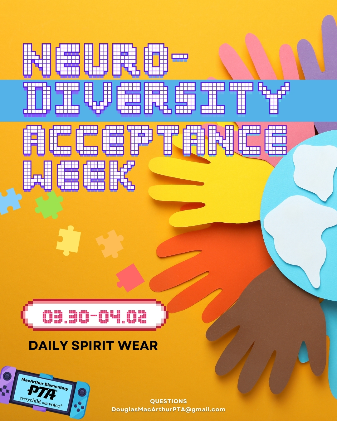 Level Up Kindness: Neurodiversity Acceptance Week! Our Eagles are celebrating the amazing ways every brain learns, thinks, and shines. Join us for a week full of spirit days that celebrate acceptance, creativity, and the many ways our students experience the world.
๐
March 30 โ April 2
๐ฉ 3/30 โ Magnificent Mind Monday
Wear a fun hat
๐ 3/31 โ Neurodiversity Tuesday
Wear bright and colorful clothes
โญ 4/1 โ Whatโs Your Passion Wednesday
Wear something that shows what you love or are passionate about
๐ 4/2 โ Autism Acceptance Thursday
Wear gold to celebrate acceptance and support
๐ฆ
Participation is optional
โจ All outfits must follow LBUSD and MacArthur dress code guidelines
#GameOnMacArthur #MacArthurPTA #AutismAcceptance #Neurodiversity #InclusionMatters #CelebrateDifferences #MacArthurElementary #SchoolCommunity #EaglePride #LongBeachSchools