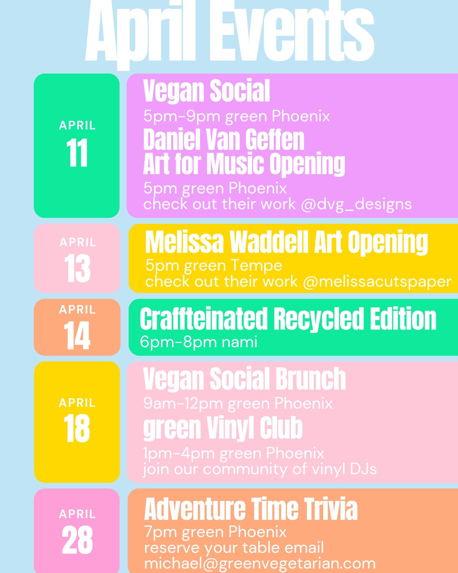 APRIL PLANS = SOLVED 🌿🎉
If your calendar was looking a little… empty 👀
we fixed that.
Here’s what’s going down at green + nami this month:
🎉 4/11
Vegan Social + Art for Music Opening
(come mingle, pretend you’re artsy… or actually be artsy)
🎨 4/13
Melissa Waddell Art Opening
(Come support our Craffteinated Queen!)
♻️ 4/14
Craftfeinated: Recycled Edition
(crafts + caffeine = unstoppable)
🥞🎶 4/18
Vegan Social Brunch + Vinyl Club
(brunch, beats, and immaculate vibes)
🧠✨ 4/28
Adventure Time Trivia
(if you know, you know. if you don’t… study up.)
Same places you love. Same community.
Just more reasons to hang out 💚
Tag your event buddy 👇
#PhoenixVegan #TempeEvents #VeganCommunity #ThingsToDoPhoenix #SupportLocal