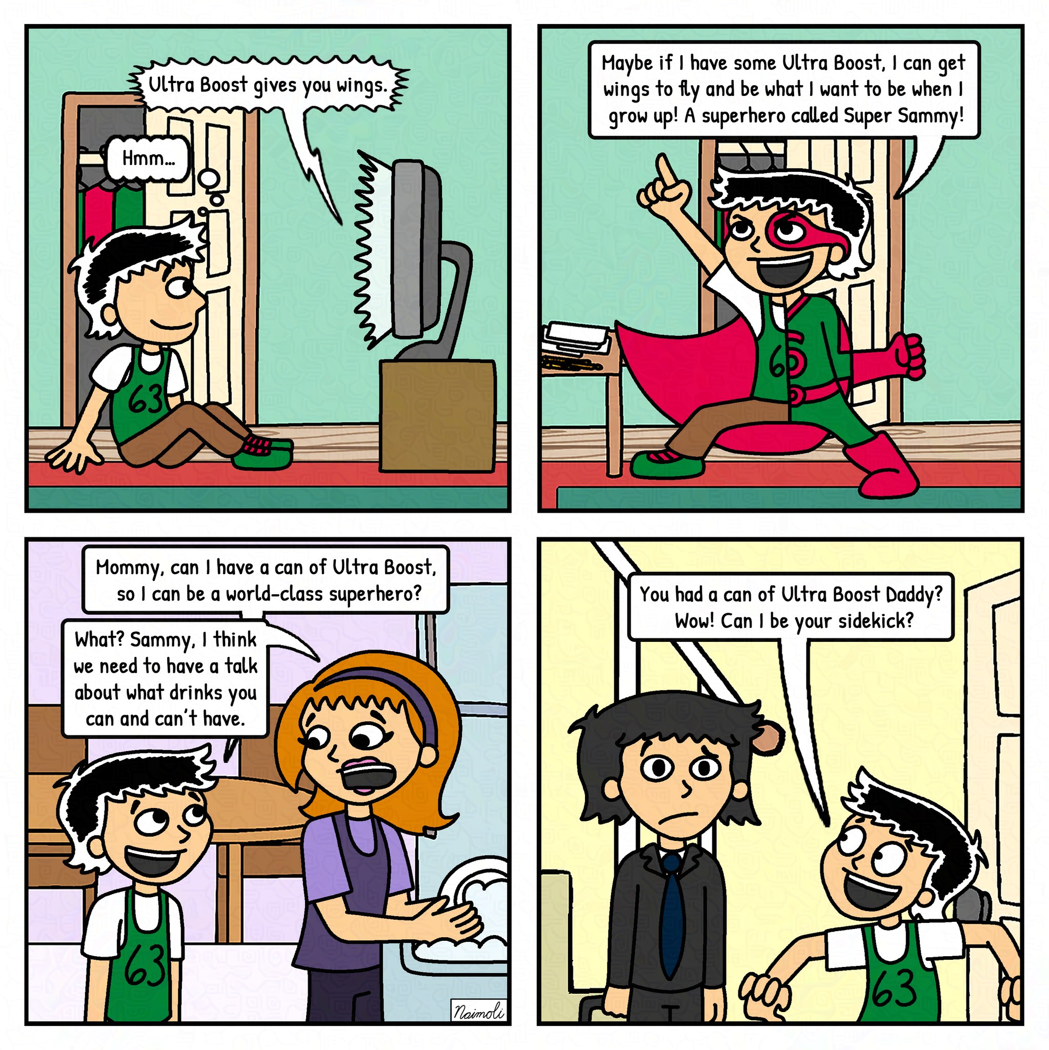 Sammy saw a commercial… and took it way too literally. 🕊️💥
One can of Ultra Boost and he’s ready to take flight as “Super Sammy”—cape optional, misunderstanding guaranteed.
(Spoiler: It’s not wings he’s getting… it’s a sugar ban.)
Join Sammy on his quest to become a superhero—powered by puns, not caffeine. Full comic series now on Amazon! Link in bio!
#ComicStrip #WebcomicSeries #FunnyComics #LiteralHumor #SammySays #KidLogic #IndieComics #ReadMoreComics #SupportIndieCreators #SuperSammy #UltraBoostFail #NotThatKindOfWings #EnergyDrinkOops #TakesThingsLiterally #CartoonMisunderstanding #ComicOfTheDay #ComicsOfInstagram #InstaComicLaughs #DailyFunnies #ExploreComics