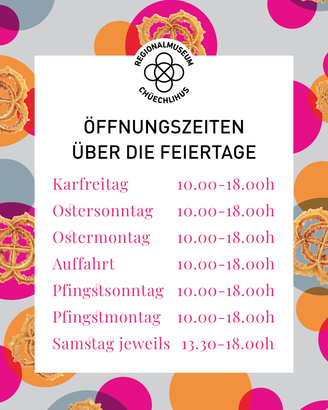 🐣 Feiertage im Chüechlihus! 🌸
Über die Oster- und Frühlingsfeiertage lohnt sich ein Ausflug nach Langnau besonders: Das Regionalmuseum Chüechlihus ist geöffnet – und unsere neue Ausstellung «spychere!» wartet darauf, entdeckt zu werden. 👀
Denn: Vieles von dem, was wir über das Emmental wissen, steht in keinem Buch. Es lebt in Erinnerungen, Geschichten und Erfahrungen – genau dieses Wissen sammeln wir im Projekt «spychere!» gemeinsam mit euch und machen es sichtbar.
✨ Kommt vorbei, entdeckt die Ausstellung – und werdet vielleicht selbst Teil davon!
Unsere Öffnungszeiten:
📅 Karfreitag, 03.04.26: 10.00–18.00 Uhr
📅 Ostersamstag, 04.04.26: 13.30–18.00 Uhr
📅 Ostersonntag, 05.04.26: 10.00–18.00 Uhr
📅 Ostermontag, 06.04.26: 10.00–18.00 Uhr
🌼 Auffahrt, 14.05.26: 10.00–18.00 Uhr
📅 Pfingstsamstag, 23.05.26: 13.30–18.00 Uhr
📅 Pfingstsonntag, 24.05.26: 10.00–18.00 Uhr
📅 Pfingstmontag, 25.05.26: 10.00–18.00 Uhr
🏡 Tipp: Die Ausstellung «spychere! – Wissen von hier sammeln» ist während aller Öffnungszeiten zugänglich.
Wir freuen uns auf euren Besuch – und auf ganz viel Wissen von hier! 💛
#chüechlihus #langnau #emmental #museum #spychere #ostern #ausflugstipp #wissenvonhier