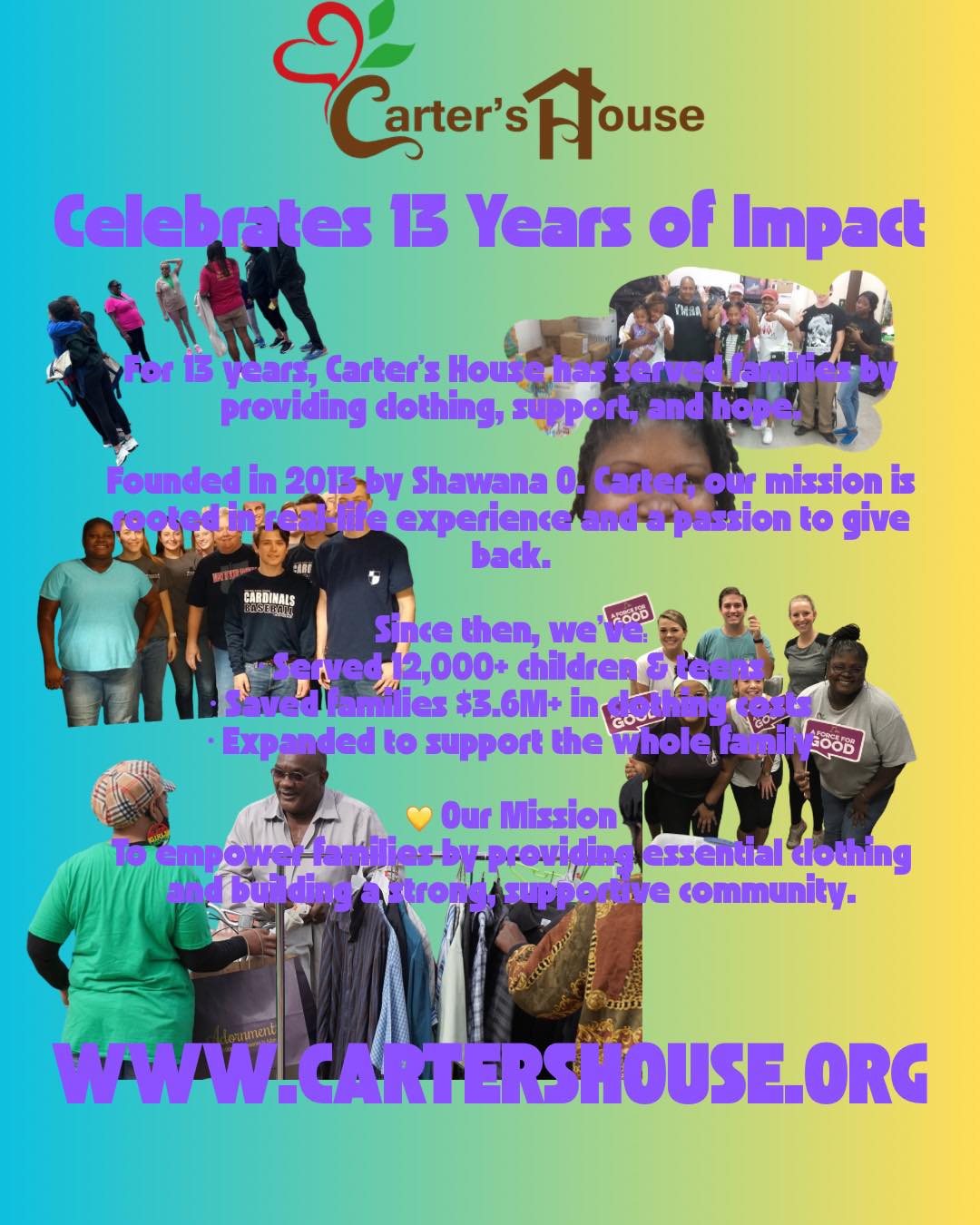 13 years. 💛
13 years of showing up.
13 years of spreading hope, love, and support across our community.
What started as a vision has grown into a movement—serving thousands of families and reminding people they are seen, valued, and cared for.
And while we celebrate our birthday… we’re really celebrating impact.
If you believe in what we do, join us in continuing the mission:
✨ Donate $13 a week
✨ Or $26 a month
Because when a community comes together, real change happens.
Let’s keep spreading love—together. 💫
#CartersHouse #CHCares #ThisIsCommunity #ForOurCommunity
#13YearsStrong #GiveBack