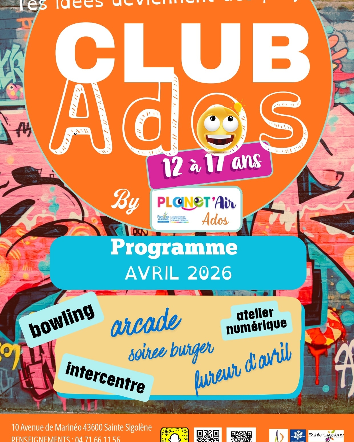 Un programme varié attend les ado pour ces vacances !
Entre sortie bowling, intercentre et participation à la Fureur d’Avril avec le #Cin’Étoiles, les jeunes pourront partager des moments conviviaux et dynamiques.
Une passerelle ado est proposée aux jeunes nés en 2014 afin de découvrir les activites et d intégrer le club cet été.
Un atelier numérique autour du cyberharcèlement et des réseaux sociaux permettra aussi de sensibiliser aux bons usages du numérique.
Et plein d’autres supers activités proposées par Loïc, ton animateur référent ado : rencontres pour financer le séjour participatif, activités sportives, et découverte de la nouvelle borne d’arcade réalisée en février !
Des vacances placées sous le signe du partage et de la bonne humeur !