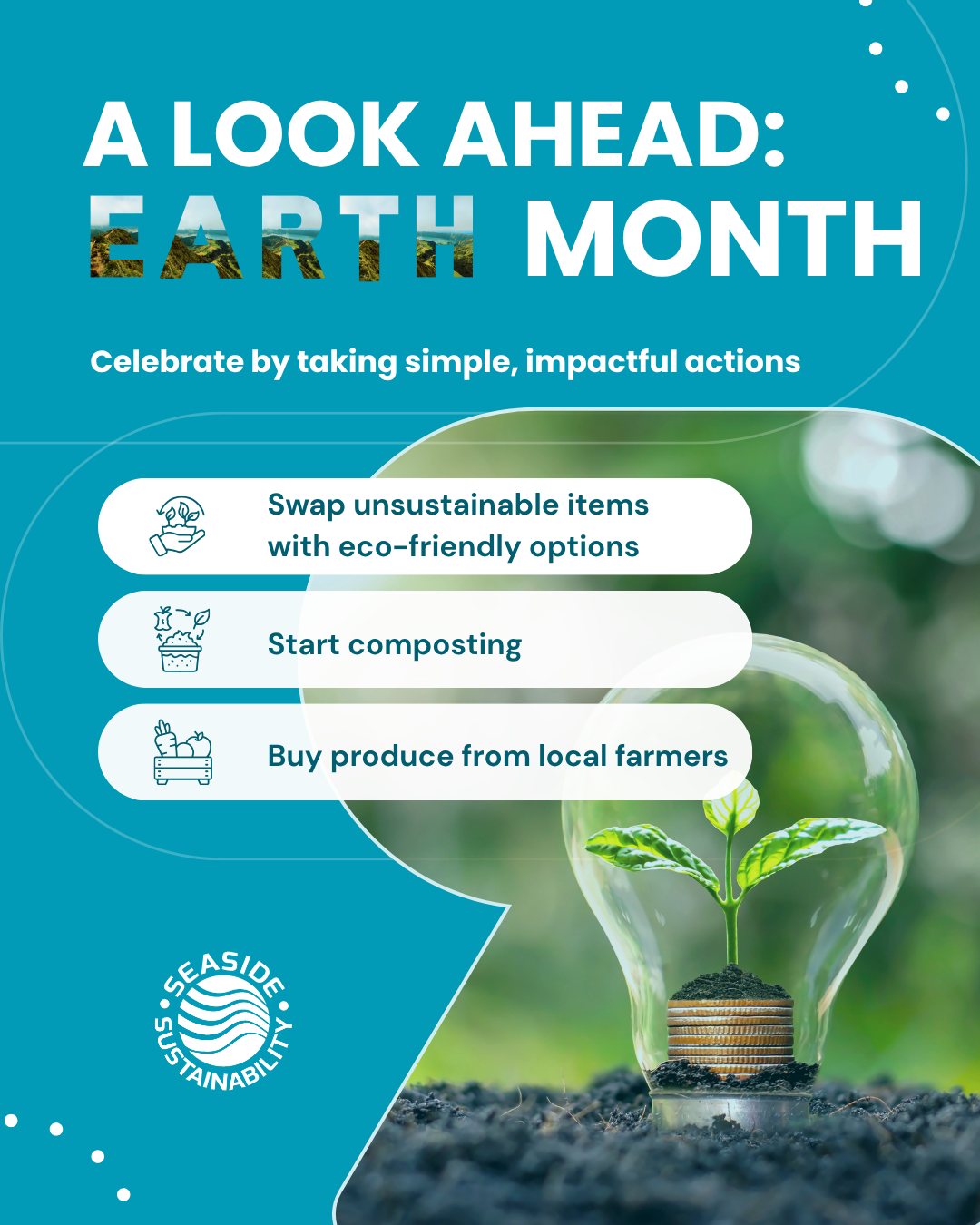 Earth Month is right around the corner! You can celebrate by taking simple, impactful actions:
🌍 Swap unsustainable items with eco-friendly options
🚮Start composting
🚜 Buy produce from local farmers
#earthmonth #sustainability #sustainabilityaction #seasidesustainability