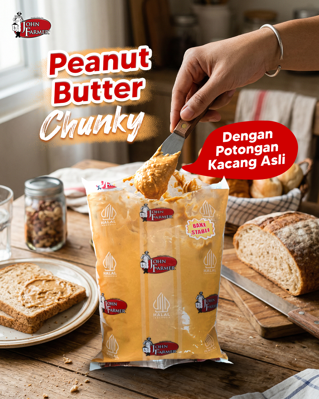 Peanut Butter Chunky dari John Farmer hadir dengan potongan kacang cincang yang melimpah, bikin setiap gigitan roti atau olahan kamu jadi lebih crunchy, lebih seru, dan pastinya makin nikmat! 🥜✨
#johnfarmer #specialistinqualitynuts #selaikacang #peanutbutter
