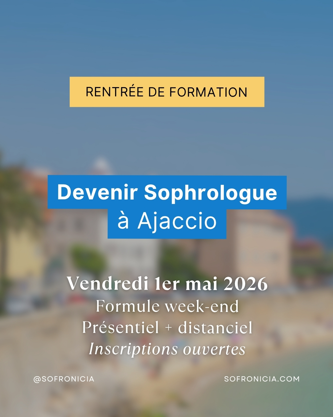 Rentrée hybride — Ajaccio
Et si la Corse devenait le point de départ d’une nouvelle carrière ?
Sofronicia propose sa formation “Devenir Sophrologue” en format hybride depuis Ajaccio ; pensée pour celles et ceux qui souhaitent se former sans quitter l’île, grâce à une formule alliant présentiel et distanciel.
🗓 Rentrée le jeudi 1er mai 2026
Des workshops en présentiel pour ancrer la pratique et la relation sophrologique, complétés par des sessions à distance pour intégrer les fondements théoriques de la sophrologie caycédienne à votre rythme.
Une formation certifiante portée par une école qui accompagne des sophrologues depuis 10 ans, partout en France.
Les inscriptions sont ouvertes, places limitées.
Toutes les infos sur sofronicia.com 🔗
#sofronicia #devenirsophrologue #formationsophrologue #reconversionprofessionnelle #bienetre #sophrologiecaycedienne #ajaccio #corse #formationhybride