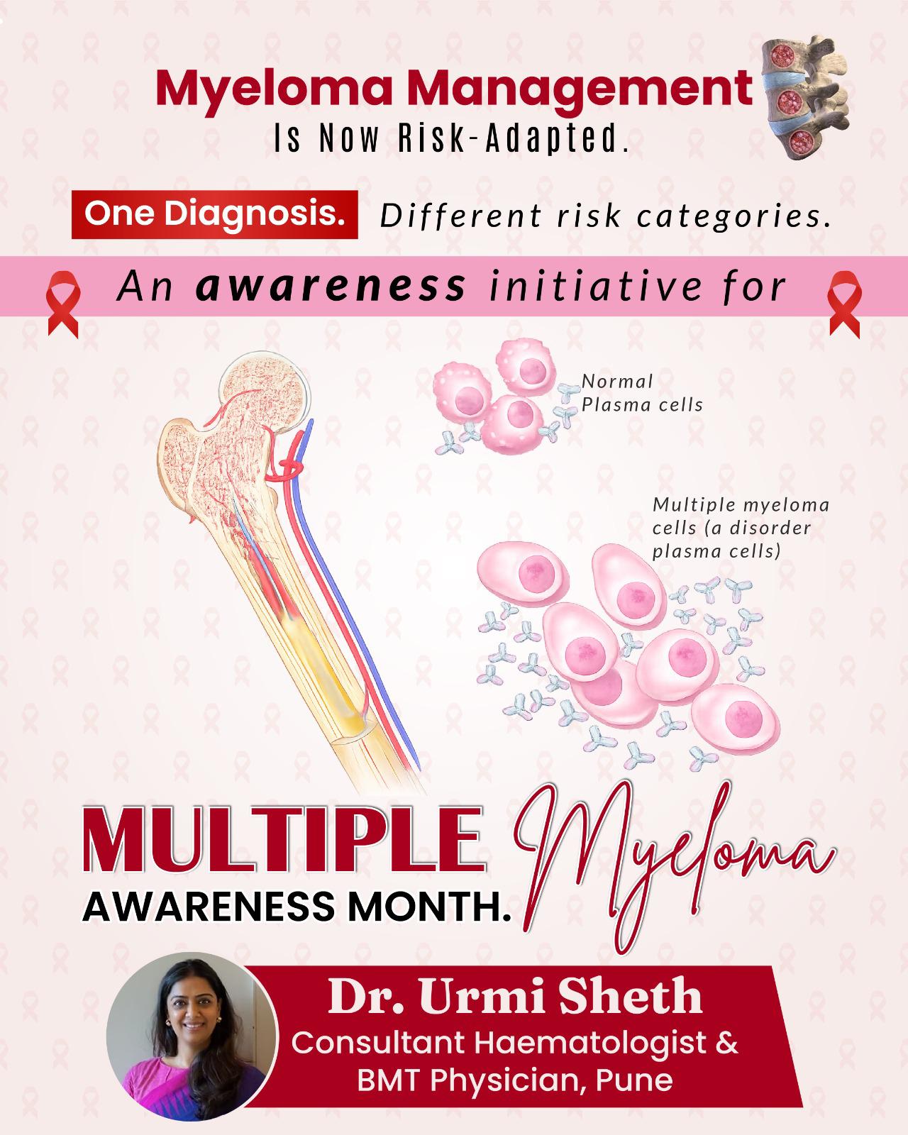 Multiple Myeloma management is no longer one-size-fits-all.
With risk-adapted strategies, treatment is tailored based on disease biology — helping improve outcomes and personalize care.
From understanding plasma cell behavior to identifying risk categories, modern haematology focuses on precision, not just diagnosis.
Awareness is the first step toward timely intervention and better prognosis.
This Multiple Myeloma Awareness Month, learn how science is shaping smarter treatment decisions.
Consult Dr. Urmi Sheth, Consultant Haematologist & BMT Physician, Pune.
.
.
.
#multiplemyeloma #hematology #cancerawareness #precisionmedicine #bonemarrow #targetedtherapy #healthawareness #patientcare #knowthesigns #stayaware