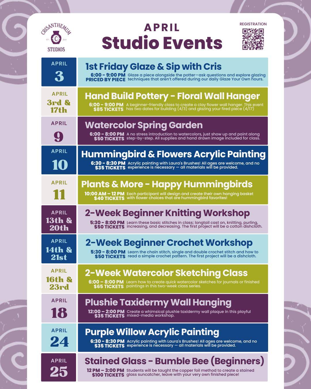 Spring is in full swing at the studio...🌼✨ From glaze & sip nights and floral pottery to painting, fiber arts, and more—April is packed with so many creative ways to spend your time.
Whether you’re looking to try something new or carve out time to unwind and create, we’ve got a seat saved for you.💜
Take a peek at everything happening this month!
🎟 Register Now: crisanthemumstudios.com/eventcalendar
#ArtWorkshops #PilotMountainNC #ShopSmall