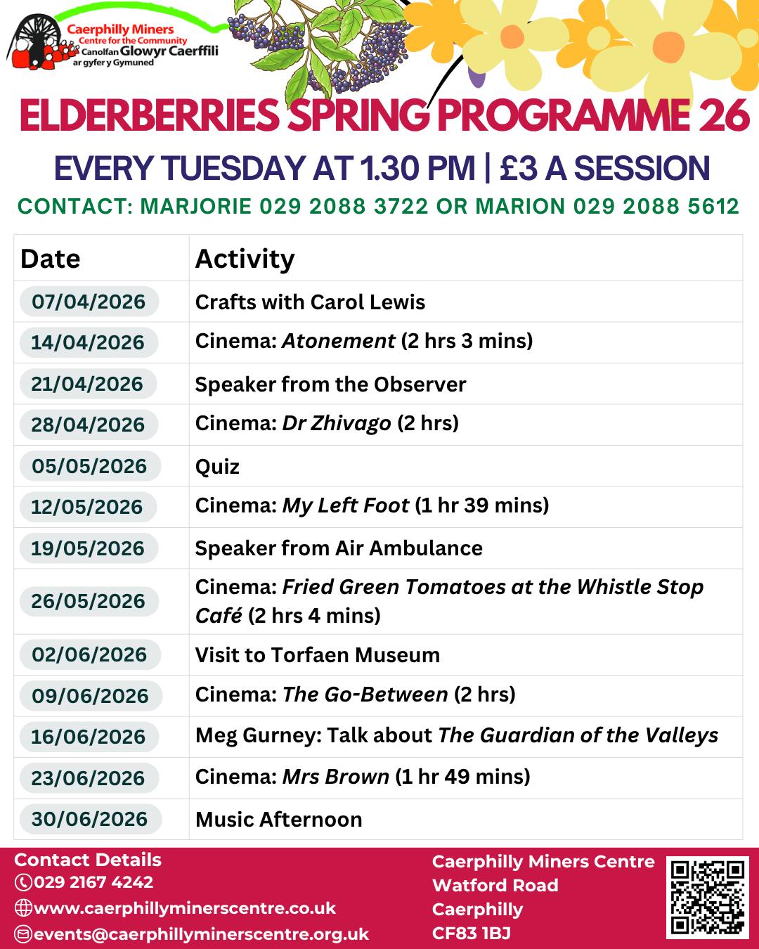 🌸 The Elderberries | Spring Programme
🗓 Tuesday | 1:30 PM – 3:30 PM
💷 £3
Join our friendly over-60s social group! 🎉 One week enjoy a fun organised activity, the next a cosy film afternoon 🍿. Expect guest speakers 🗣, games 🎲, quizzes ❓, crafts 🎨, musical sessions 🎵, and lots of laughs over a cuppa ☕. Come make new friends and have a great time! 💛
🌸 Yr Aeron Aedfedd | Rhaglen y Gwanwyn
🗓 Dydd Mawrth | 1:30 PM – 3:30 PM
💷 £3
Ymunwch â’n grŵp cymdeithasol cyfeillgar dros 60 oed! 🎉 Un wythnos mwynhewch weithgaredd hwyl, y nesaf cinio ffilm cosy 🍿. Disgwylwch siaradwyr gwadd 🗣, gemau 🎲, cwisiau ❓, crefftau 🎨, sesiynau cerddorol 🎵, a llawer o chwerthin dros gwpan o de ☕. Dewch i wneud ffrindiau newydd a chael amser gwych! 💛