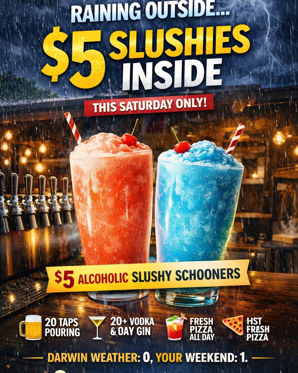 🌧️ RAINING OUTSIDE… $5 SLUSHIES INSIDE 🍧
Fuel prices up… slushy prices DOWN. You’re welcome.
This Saturday only we’re dropping them to $5 because life’s too short to be sensible all the time.
Darwin weather’s gone full chaos… lucky we’re built for it.
🍧 $5 Alcoholic Slushy Schooners
🍺 20 taps pouring
🍸 20+ vodka flavours + house gin
🍕 Fresh pizza all day
😎 Dry inside. Cold drinks. Dangerous decisions. It’s wet outside… but your weekend doesn’t have to be.
📍 One Mile Brewery & Distillery
🕛 12PM – 8PM
Rain plans = sorted ✔️
👉 Tag someone who needs this
#SlushySaturday #DarwinRain #WetSeasonVibes #OneMileBrewery