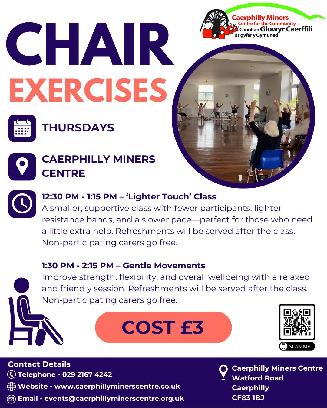 💺 Join us for Chair Exercises!
🗓 When: Thursday, 12:30 – 1:15 pm & 1:30 – 2:15 pm
💷 Cost: £3
Join our weekly volunteer-led chair exercise group, enjoy gentle movement 🧘♀️, followed by refreshments ☕ and a friendly chat
💺 Ymunwch â ni ar gyfer Ymarferion Cadair!
🗓 Pan: Dydd Iau, 12:30 – 1:15 yp & 1:30 – 2:15 yp
💷 Pris: £3
Ymunwch â’n grŵp ymarferion cadair a arweinir gan wirfoddolwyr bob wythnos, mwynhewch symudiad ysgafn 🧘♀️, yn dilyn gyda phryd o goffi neu de ☕ a sgwrs gyfeillgar .