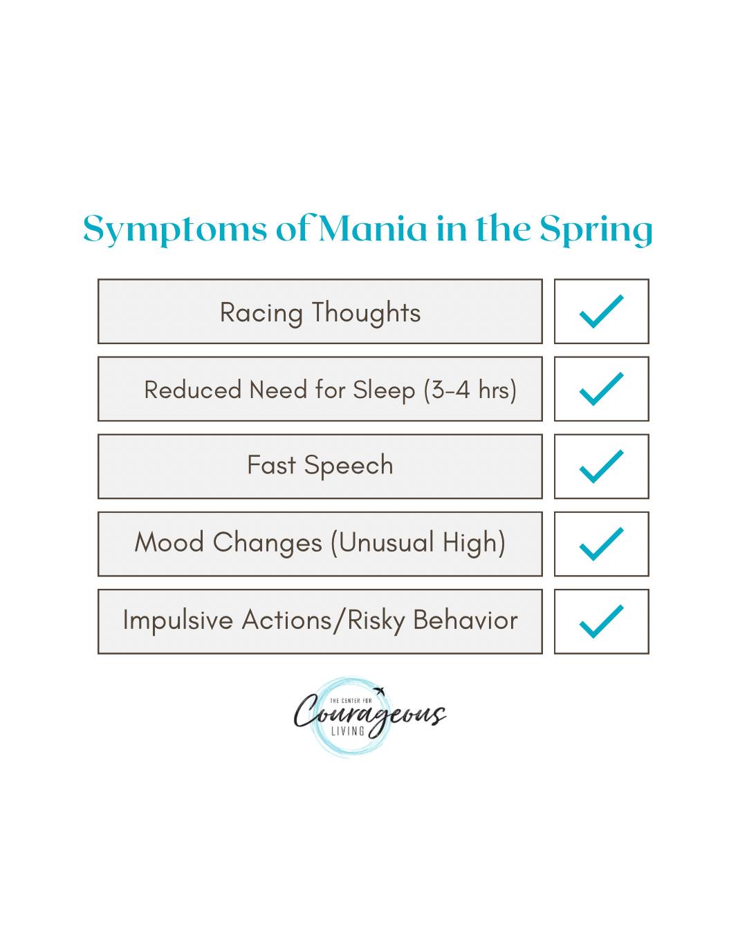 As spring brings changes in routine, daylight, and energy levels, it can also impact mental health.
According to the Mayo Clinic, seasonal shifts may trigger symptoms of mania or hypomania for some individuals.
This may look like:
• Racing thoughts
• Needing little sleep without feeling tired
• Talking faster than usual
• Feeling unusually energized or unlike yourself
• Impulsive or risky behaviors
While increased energy can feel positive at first, it’s important to notice when it begins to affect your daily life.
It may be time to seek support if these changes are impacting your sleep, relationships, responsibilities, or decision-making.
You don’t have to navigate this alone. Support is here when you’re ready. 💙
📍 Crystal Lake, IL
🌐 centerforcourage.com
📧 gia@centerforcourage.com
📞 815-707-4806
#MentalHealthAwareness #BipolarAwareness #SpringMentalHealth #CrystalLakeIL #TheCenterForCourageousLiving