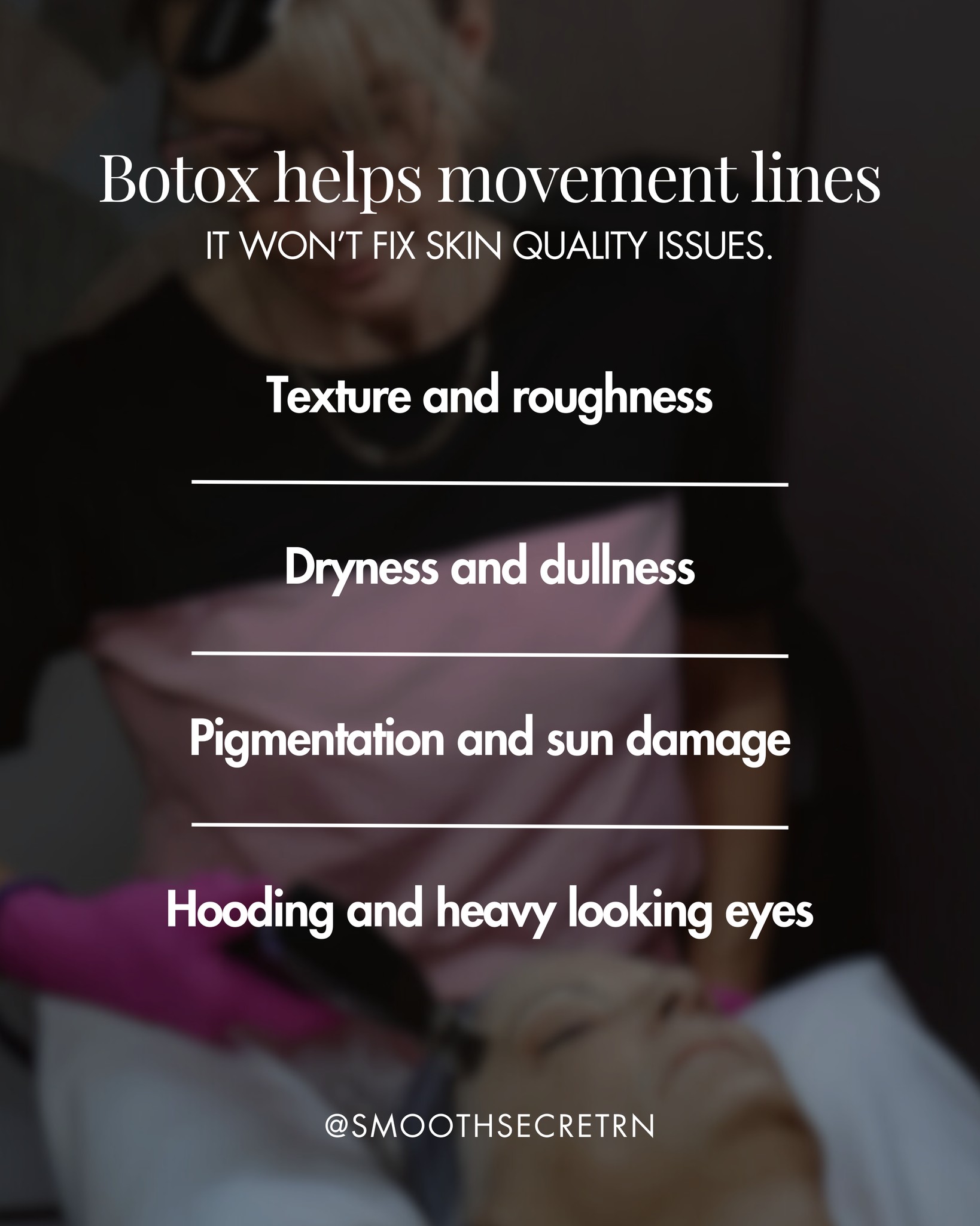 If you’re investing in Botox but not getting the result you want, pause before you book again. 👇
Botox is amazing for movement lines.
But it won’t change:
☀️ sun damage and pigmentation
💧 dryness
🫧 texture and pores
👁️ hooded eyes
—————
That’s why we built our Signature Series, so the treatment matches the goal.
Book a free consult and we’ll help you choose the right tool for the job.
—————
Smooth Secret RN 💋 It’s our Secret
Jo-Lynn Gibbs RN, BScN
#SherwoodParkAesthetics #NurseInjectorSherwoodPark #MedicalAestheticsSherwoodPark
