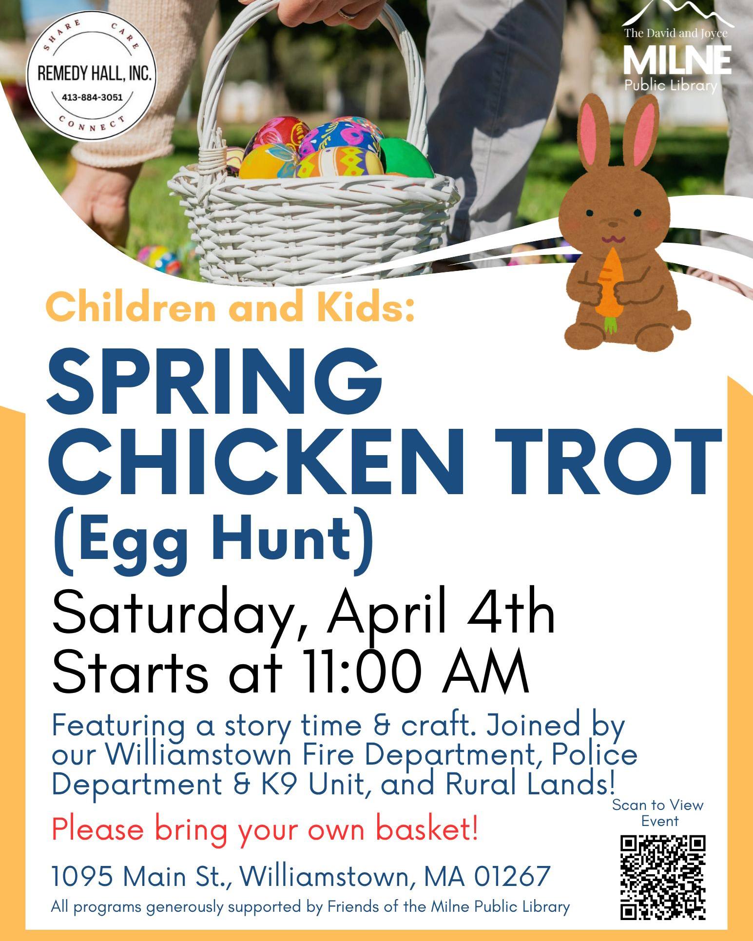 Get ready to hop into spring! 🌷🐣
Join Remedy Hall and the Milne Public Library for our annual Spring Chicken Trot, Saturday, April 4th at 11:00 a.m. - an egg hunt across the library grounds! Search high and low for colorful eggs filled with sweet treats and surprises. Don’t forget to bring your own basket (or anything you can carry your eggs in).
And the fun doesn’t stop there. We’re excited to share that there will be a special storytime, followed by a hands-on craft for kids and families to enjoy together.
We’re also thrilled to welcome special community guests this year:
🚒 Our local Fire Department - climb aboard and explore a real fire truck!
🚓 The Police Department and K9 Unit - stop by and say hello!
🌿 Rural Lands - they'll have a fun, hands-on game and craft that explores the fascinating world of eggs.
It’s a morning of candy, community, and springtime joy you won’t want to miss. Come celebrate with us!