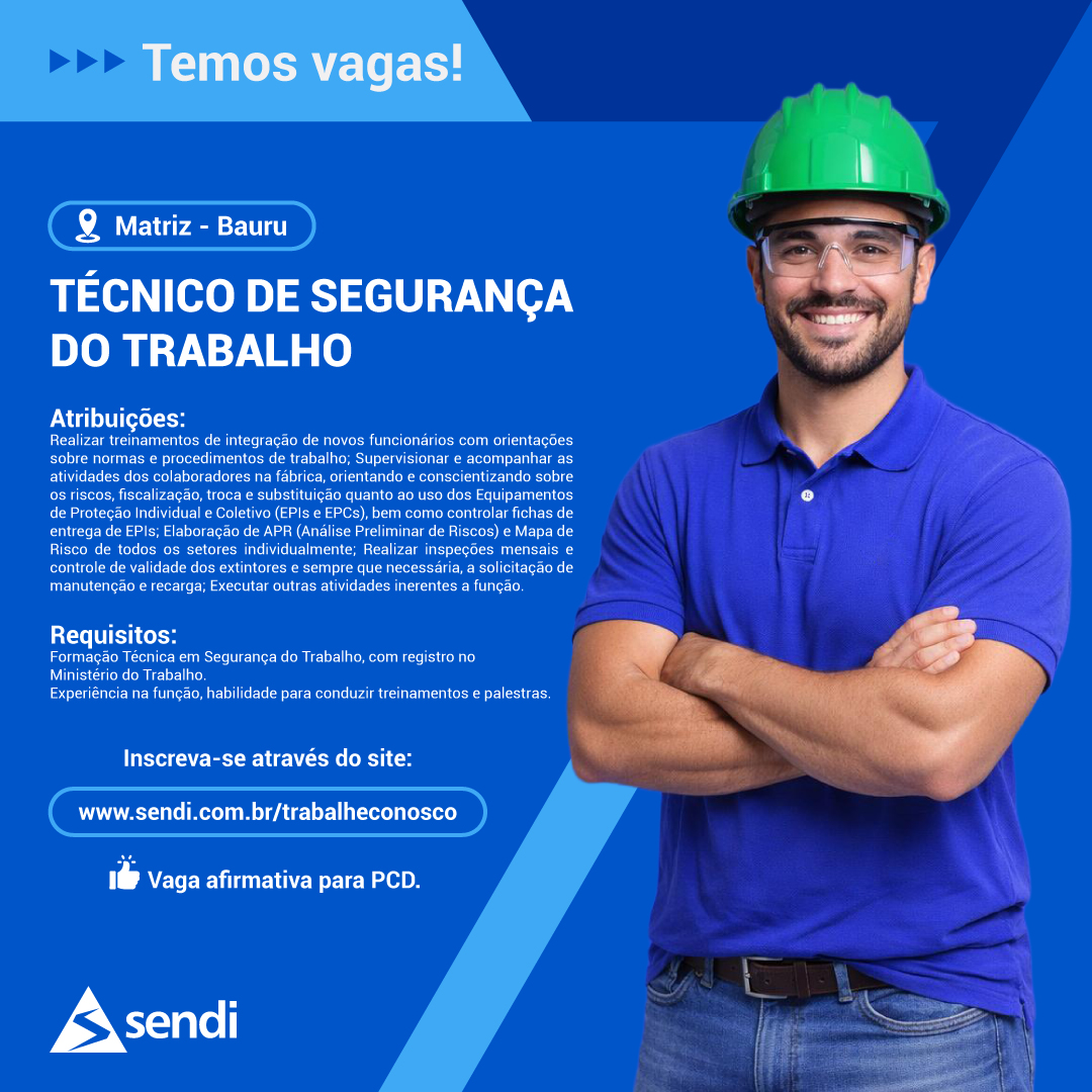 Temos vagas! O Grupo Sendi está com diversas vagas disponíveis no Portal de Recrutamento. E caso não encontre nenhuma com o seu perfil, fique tranquilo(a), é só deixar o seu currículo cadastrado em nosso Banco de Talentos (link da bio). 😉
✅ Técnico de Segurança do Trabalho;
✅ Mecânico Industrial;
✅ Soldador;
✅ Ajudante Civil;
✅ Auxiliar de Expedição;
✅ Pedreiro;
✅ Armador;
✅ E mais...
➡ Acesse: https://www.sendi.com.br/trabalheconosco (link da bio), escolha sua vaga e faça o seu cadastro!
Todas as vagas são afirmativas para PCDs.
#vagas #oportunidades
