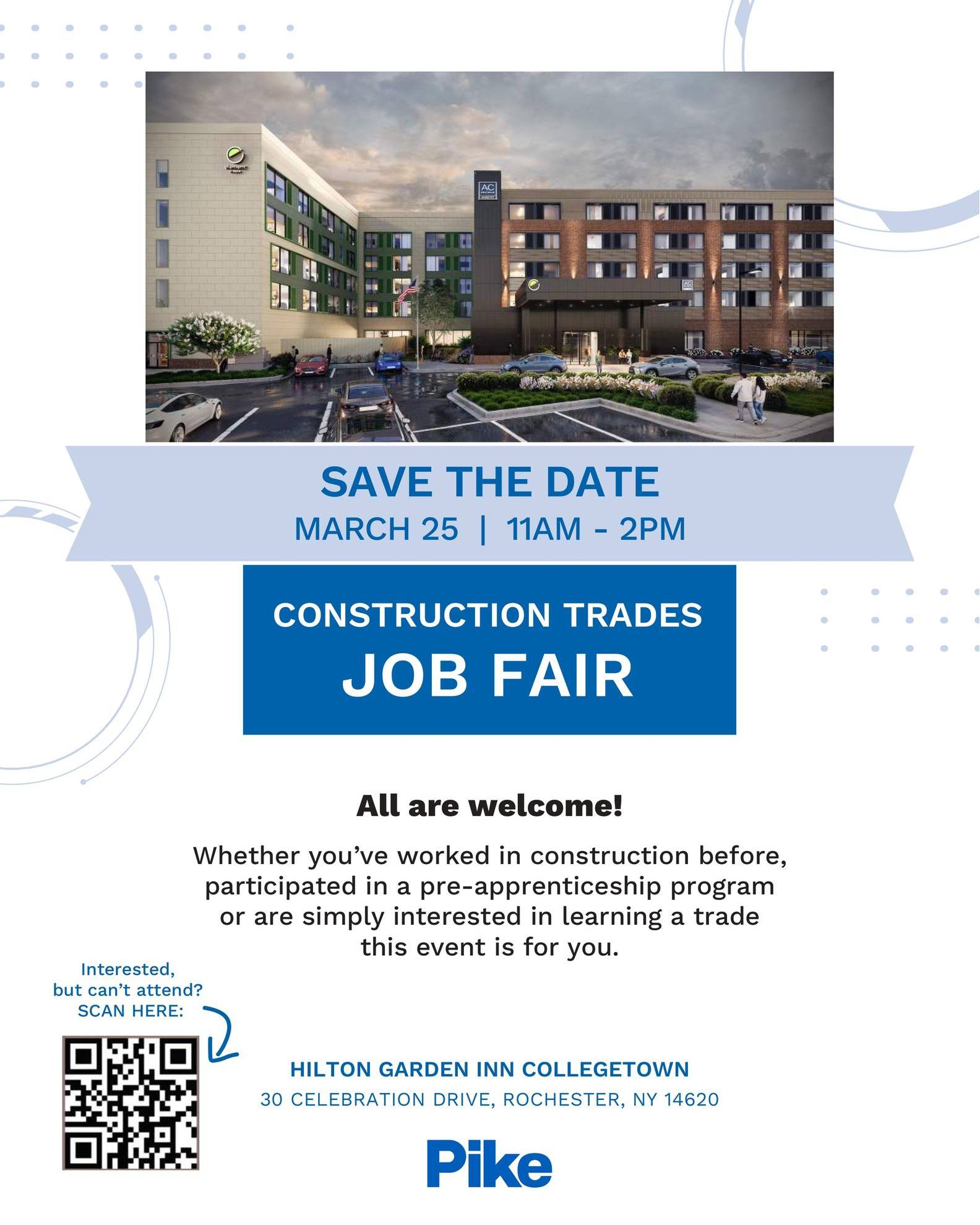 Construction Trades Job Fair is happening TOMORROW in Rochester!
🗓 Wednesday, March 25
⏰ 11:00 AM – 2:00 PM
📍 Hilton Garden Inn College Town (30 Celebration Dr, Rochester, NY 14620)
Even if you can’t attend, you can still express your interest through the Google form. Link in the comments!
#RochesterNY #RochesterJobs #NewDayJobs #NYStateJobs #MonroeCounty #Jobs #JobSearch #NowHiring #JobSearchTips #JobFair #CareerFair #UpstateNYJobs #NowHiringNY #JobSearch #JobOpportunities #CareerGrowth #FindAJob #JobSeekers #HiringNow #CareerWorkshop #SecondChanceHiring #Reentry #Fairchance #fairchancehiring #fairchanceemployment