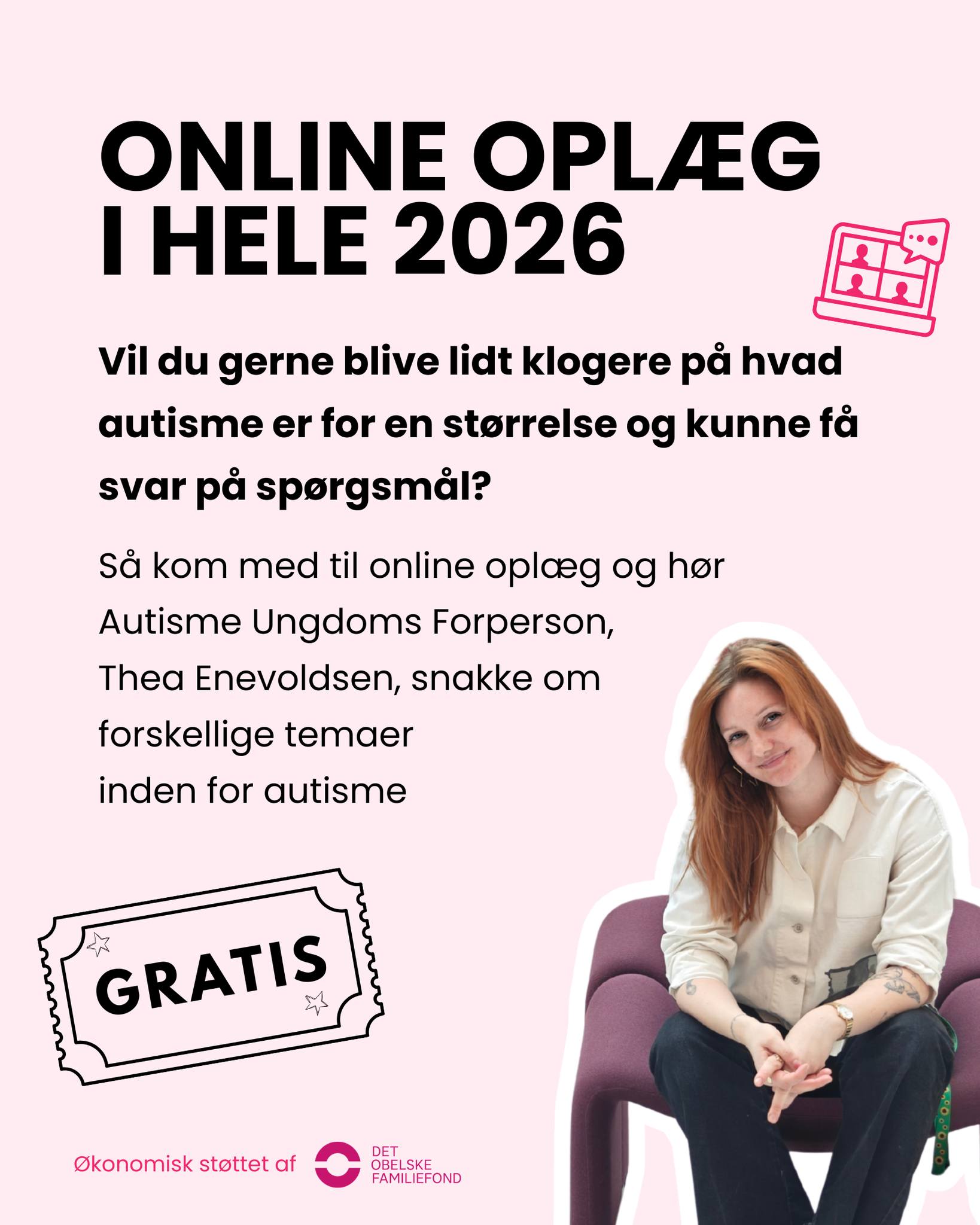 Gratis online oplæg om autisme🌻
Vil du gerne blive klogere på, hvad autisme egentlig er, både ifølge forskning og dem, der selv lever med det?
Så inviterer Autisme Ungdom til en række gratis online oplæg med vores forperson, Thea Enevoldsen.
Der er plads til både refleksion, genkendelse og nye perspektiver 💡
Efter oplægget (ca. 45 min.) er der mulighed for at stille spørgsmål.
Tilmeld dig via vores hjemmeside under begivenheder!
Praktisk:
- Foregår online via Zoom
- Starter kl. 18.00 alle gange
- Du modtager link senest 1 time før start
- Det er gratis, takket være @detobelskefamiliefond
- Kræver ikke medlemskab, dette er for ALLE
Kommende oplæg:
2. April 2026 - Hvorfor så sent?
30. april 2026 – Hvorfor er verden så overvældende?
28. maj 2026 – Alt det gode!
25. juni 2026 – Når autisme ikke står alene
27. august 2026 – Hvad f**k er autisme?
24. september 2026 – Hvorfor så sent?
29. oktober 2026 – Hvorfor er verden så overvældende?
26. november 2026 – Alt det gode!
28. januar 2027 – Når autisme ikke står alene
Vi glæder os til at se dig 💙
#Autisme #AutismeUngdom #Neurodiversitet #MentalSundhed #ForståAutisme