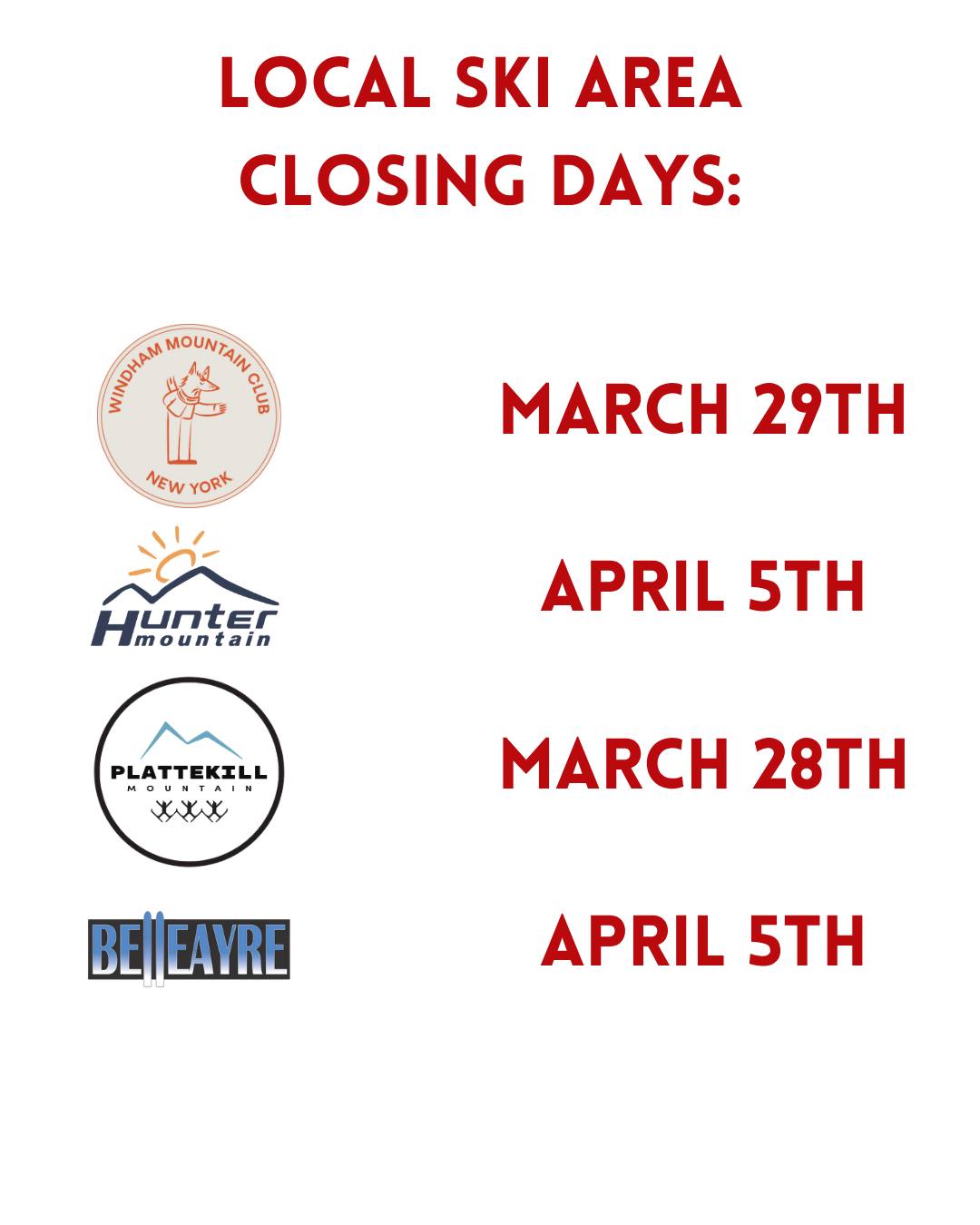 Local ski area closing days...this is what we've gleaned from their websites, anyway 🤷If you know somethin' different let us know!
@windhammountainclub @huntermountain @plattekillmountain @belleayre
