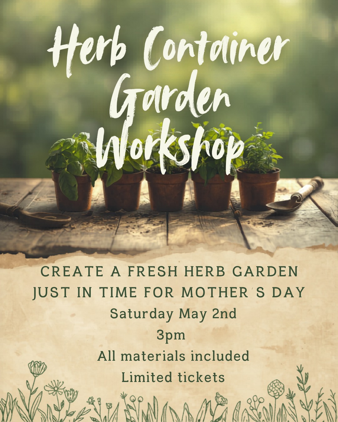 I want to welcome you to my garden!!
Come plant your very own mini herb garden 🌱
Choose from 3 delicious themes—Salsa, Kitchen, or Mediterranean—and leave with fresh herbs, recipe inspiration, and all the tips you need to grow + cook 🌱🍅🥗
Hurry—tickets are going fast! May 2 at 3 PM
https://www.greensproutliving.com/event-details/herb-garden-workshop
#HerbGarden #GrowYourOwn #FreshFlavors #HandsOnWorkshop #MiniGardenFun”
