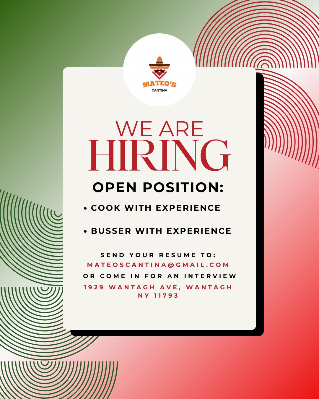 We are hiring!!!
If you’re interested in joining our team, feel free to send your résumé to
mateoscantina@gmail.com
Or stop by for an interview
📍1929 Wantagh Ave, Wantagh NY 11793
We’re excited to hear from you!