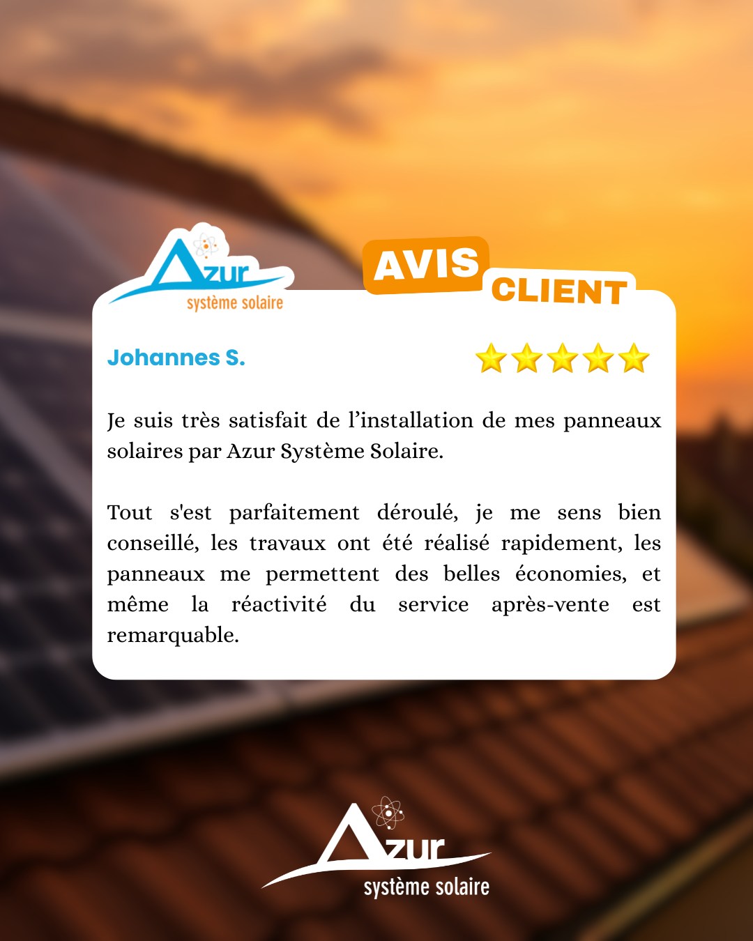 ⭐ 5 ÉTOILES POUR L'INSTALLATION SOLAIRE ! ⭐
Fiers de vous présenter le retour d'expérience de Johannes S. ! Son témoignage confirme l'engagement de nos équipes pour votre satisfaction.
💬 "Tout s'est parfaitement déroulé, je me sens bien conseillé, les travaux ont été réalisés rapidement, les panneaux me permettent de belles économies, et même la réactivité du service après-vente est remarquable."
Merci Johannes pour votre confiance ! 🥰
👉 Envie de vivre la même expérience ? Parlons de votre projet solaire en DM !
#solaire #avisclient #5etoiles #azursystemesolaire #economies #photovoltaique #satisfaction #energiepropre
