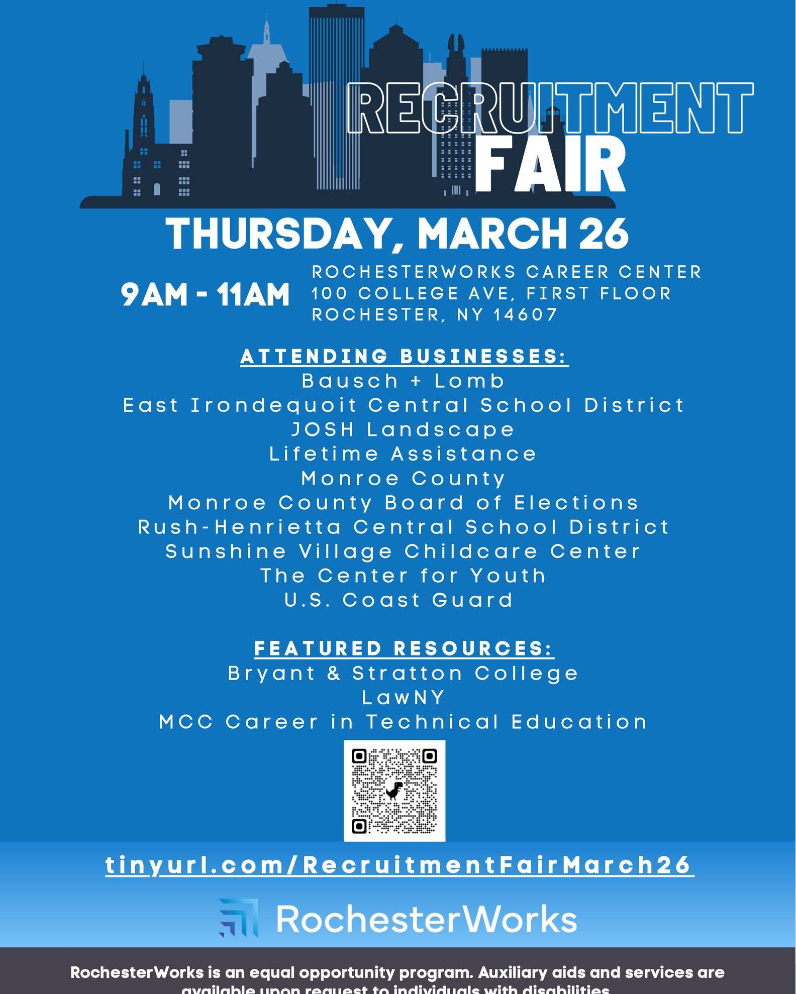 Recruitment Fair at RochesterWorks on Thursday!
🗓 Thursday, March 26, 2026
⏰ 9:00 AM – 11:00 AM
📍 RochesterWorks Career Center
100 College Ave, First Floor, Rochester, NY
RochesterWorks is partnering with 15 local businesses, giving you the chance to meet face-to-face with recruiters, learn about open roles, and ask questions about the application process.
#RochesterNY #RochesterJobs #NewDayJobs #NYStateJobs #MonroeCounty #Jobs #JobSearch #NowHiring #JobSearchTips #JobFair #CareerFair #UpstateNYJobs #NowHiringNY #JobSearch #JobOpportunities #CareerGrowth #FindAJob #JobSeekers #HiringNow #CareerWorkshop #SecondChanceHiring #Reentry #Fairchance #fairchancehiring #fairchanceemployment