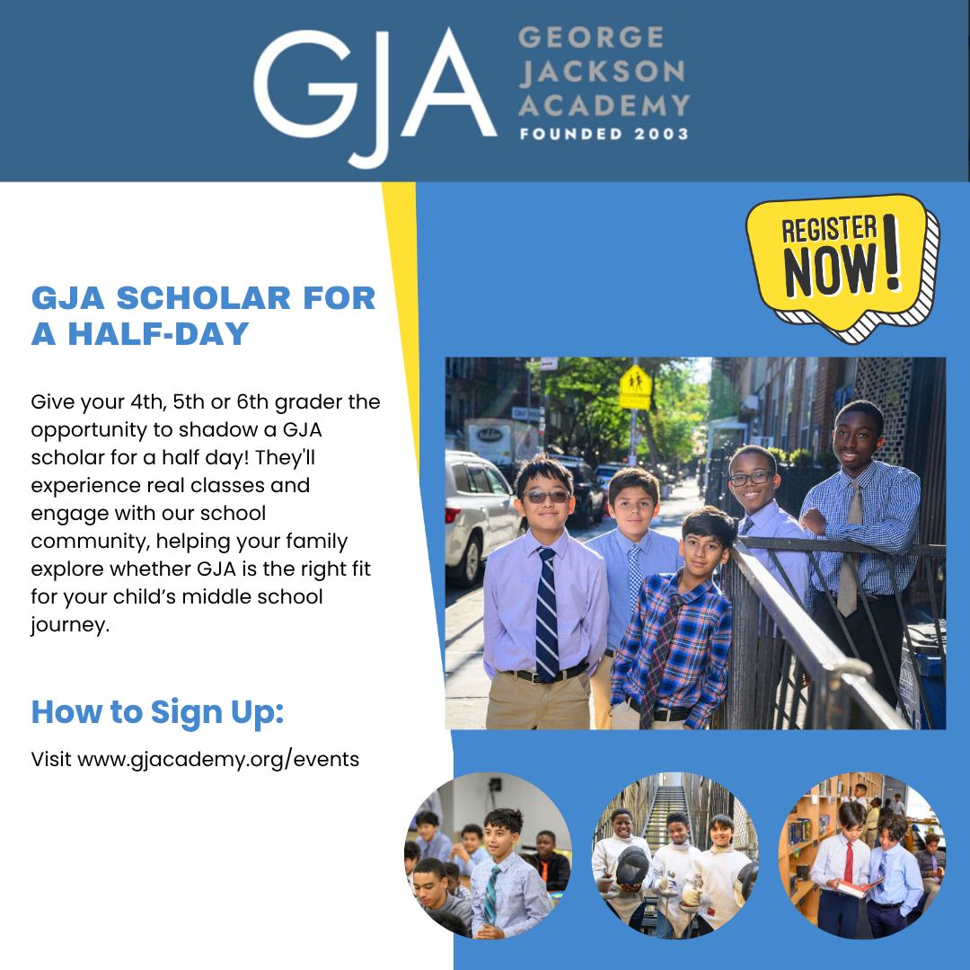 Give your son the opportunity to experience George Jackson Academy firsthand at Scholar for a Half-Day. Prospective students in grades 4-6 will shadow a GJA scholar, meet passionate teachers, and engage in experiential learning through Art and Fencing. Reservations are required, visit gjacademy.org/events to RSVP.
#haveagjaday #financialaidforall #needblindadmission