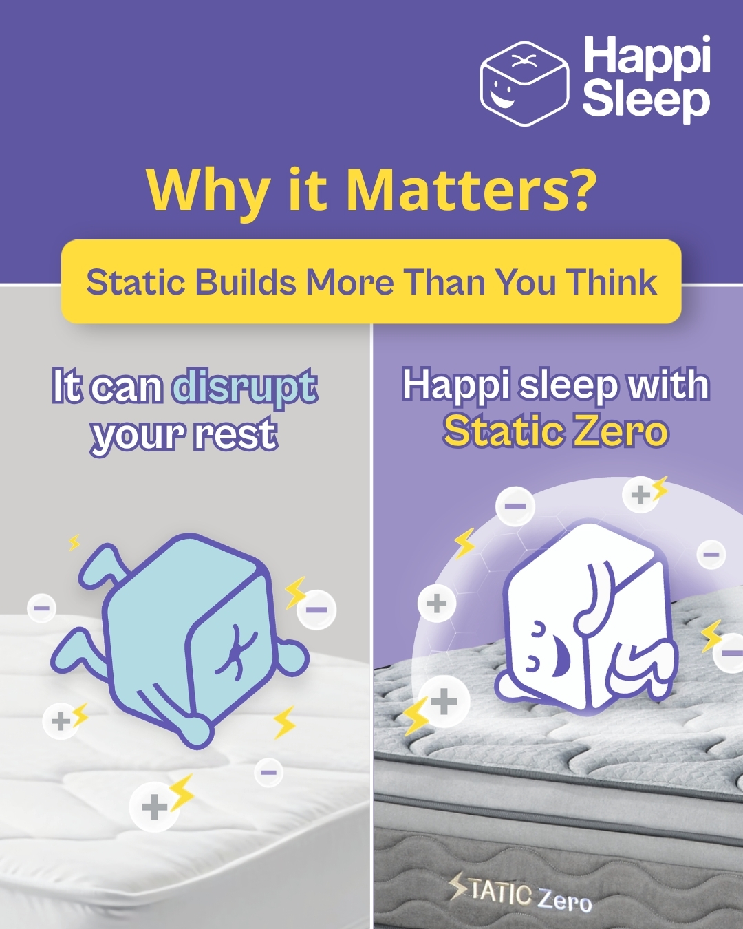 ⚡ Static isn’t just annoying, it can sneak into your sleep
Even tiny charges from your clothes, sheets, or carpet can create hidden tension and restless tossing. High static can increase cortisol, your body’s stress hormone, which can make it harder to fall asleep and disrupt deep rest.
The Static Zero Mattress from our Static-Free Collection keeps your bed static-free so bedtime actually feels like bedtime 😌
#HappiSleep #DreamWithUs #ZeroZap