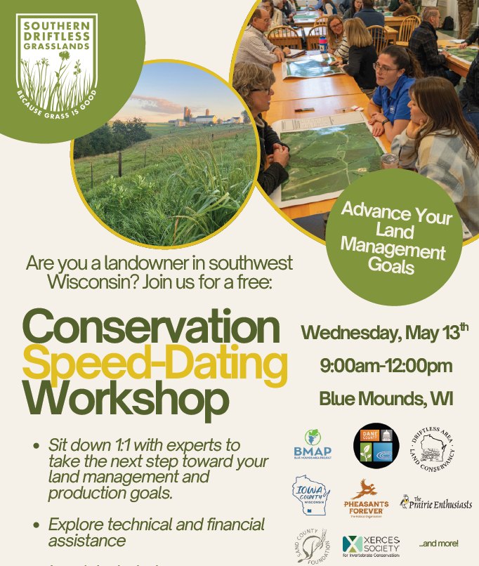 Conservation Speed Dating Workshop? What is that?
Join us May 13th in Blue Mounds, WI to find out.
Learn more and register: https://www.driftlessgrasslands.org/event-details/workshop-conservation-speed-dating-workshop-sdg
(link in bio!)