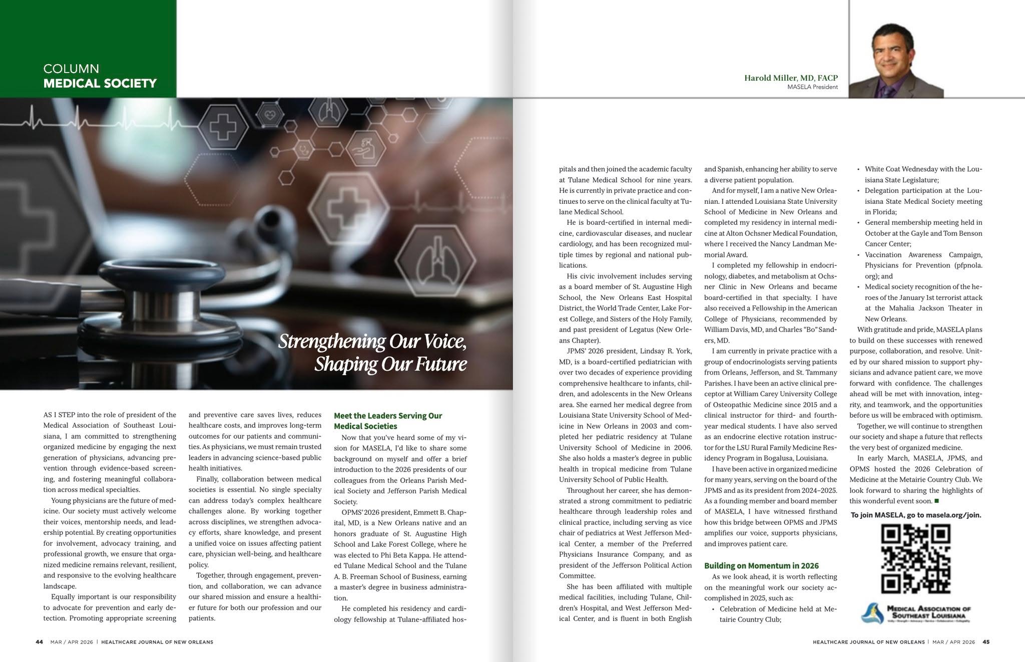 ๐ MASELA is making headlines!
We are thrilled to share that our very own MASELA President, Dr. Harold Miller, MD, FACP, has been featured in the March/April 2026 issue of the Healthcare Journal of New Orleans! ๐๏ธโจ
In the article, Dr. Miller shares his vision for MASELA and his commitment to strengthening organized medicine across Southeast Louisiana โ from advancing prevention and early detection to fostering collaboration across medical specialties. He also highlights the incredible momentum MASELA has built heading into 2026.
We are so proud to have Dr. Miller leading our society and representing our mission to support physicians, advance patient care, and shape the future of medicine in our region. ๐
๐ Read the latest issue of the Healthcare Journal of New Orleans here - https://www.healthcarejournalno.com/sites/default/files/journal/fb/HJNO-2026-mar-apr/44/index.html
Not a MASELA member yet? Now is the perfect time to join! ๐ https://www.masela.org/memberships
#MASELA #HealthcareJournalNewOrleans #MedicalCommunity #NewOrleans #SoutheastLouisiana #PhysicianLeadership #OrganizedMedicine #DrHaroldMiller