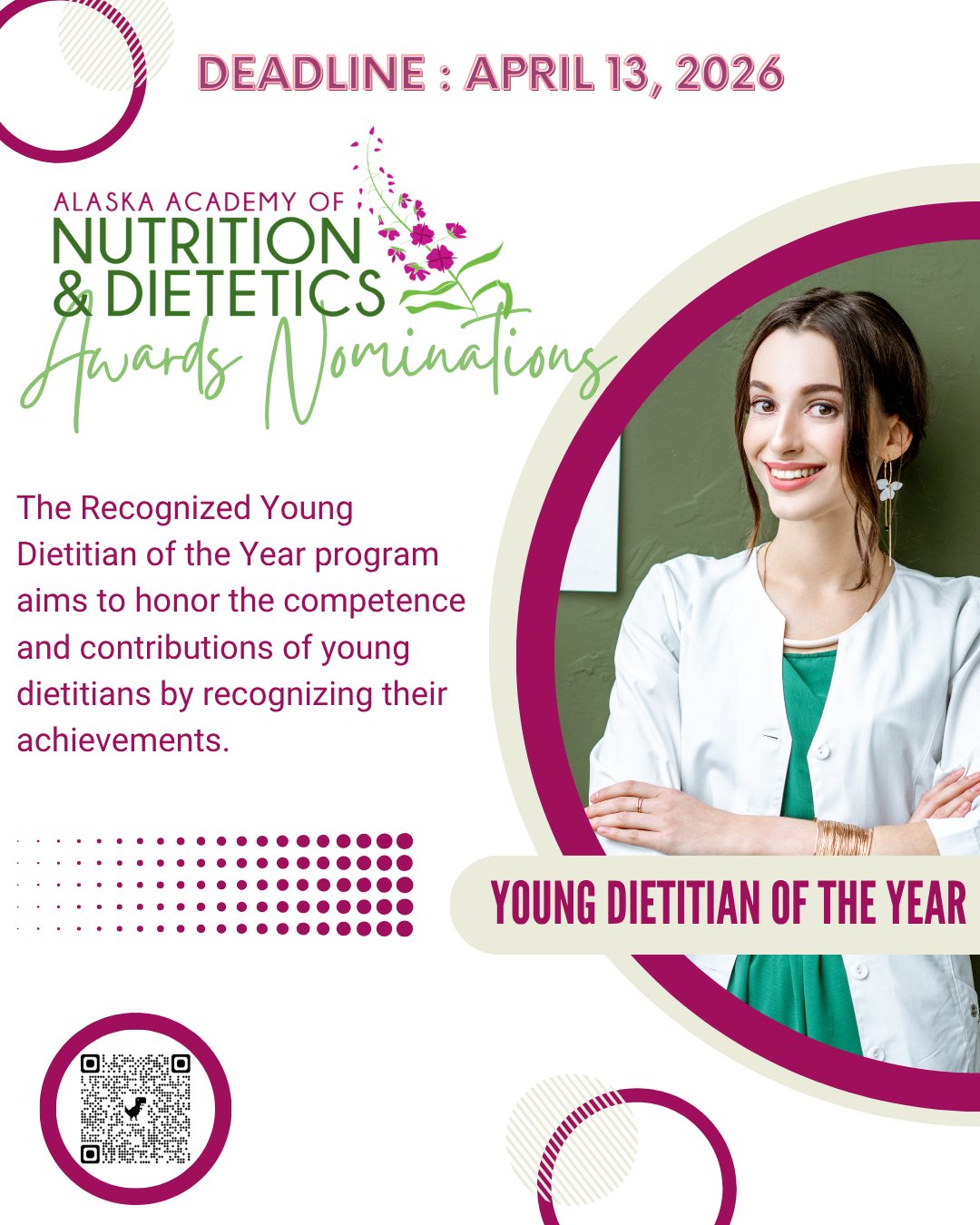 Deadline next Monday!
The purpose of the Recognized Young Dietitian of the Year program is to recognize the competence and activities of younger dietitians in the Academy of Nutrition and Dietetics and to encourage their continued participation in Academy affairs. This group will be an additional resource from which the leadership of the Academy will develop – at the district, state and national levels.
Nominate yourself or your peers today at the link in bio.