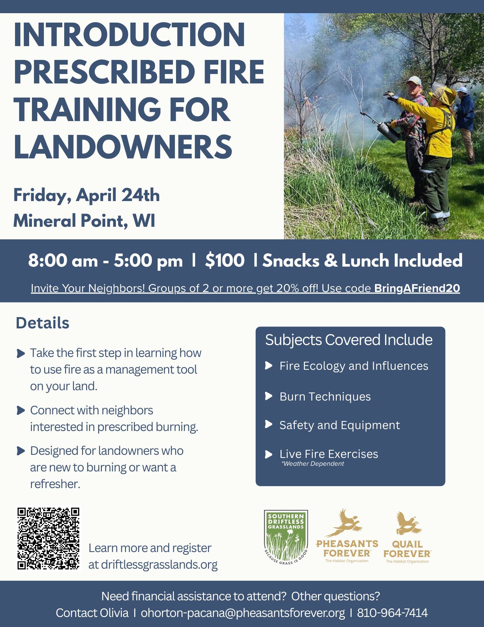Landowners, did you remember to register?!
Join us next week Friday, April 24th for an all-day prescribed fire training introductory workshop.🔥
Details:
- This is an all day class that will go over all the basics of prescribed fire including why we burn, fire ecology, burning techniques, and more.
- The morning will be a classroom style setting, while the afternoon will include hands on experience with fire equipment, including live fire exercises if weather cooperates.
- To register, or learn more about this class, and other fire classes taking place around the state visit https://www.driftlessgrasslands.org/events
