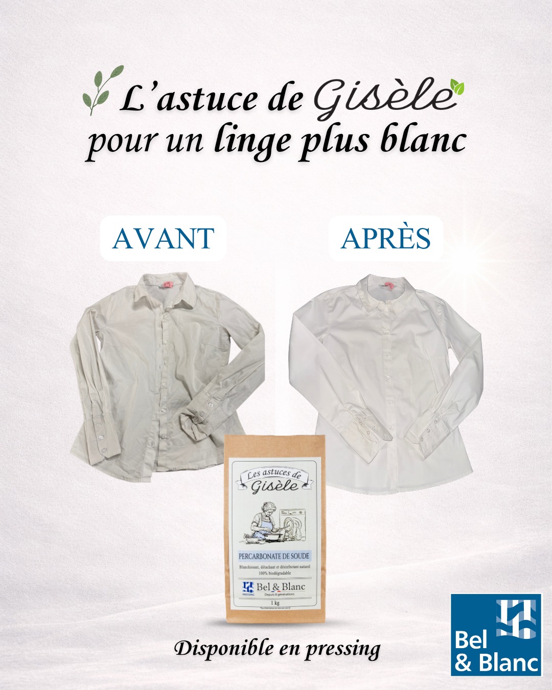 ✨ L’astuce de Gisèle pour un linge plus blanc
Avant / Après… la différence parle d’elle-même 👀
🤍 Le percarbonate de soude ravive, détache et redonne de l’éclat à votre linge
💡 Une solution simple, efficace… et naturelle
👉 À adopter au quotidien pour un linge impeccable
Disponible en pressing Bel & Blanc