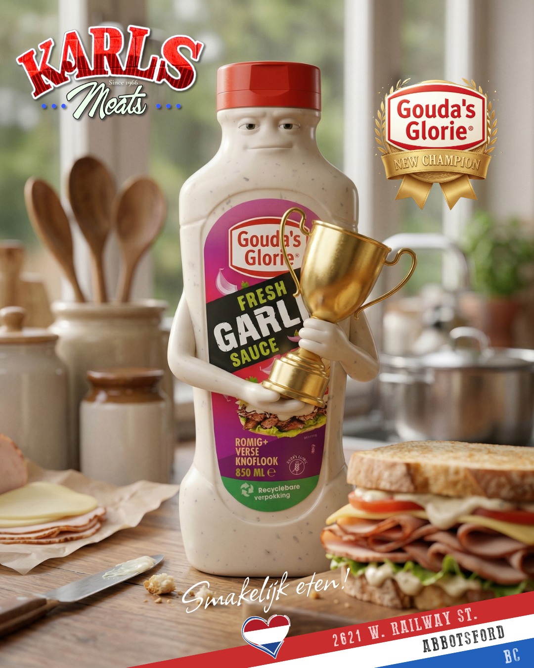 Happy Monday, folks! 💪
You voted… and we counted 👀
🏆 The winner is… GOUDA’S GLORIE FRESH GARLIC 🧄
Now it’s time to try it for yourself 😄
👉 This Week’s Special (March 30 – April 6):
Purchase any Gouda’s Glorie 850ml sauce
+ $19.99 or more from our deli counter (meat and/or cheese)
🎉 Receive 10% OFF your total purchase 🎉
Simple. Delicious. Done right.
Come in and build your perfect sandwich at home — now with our #1 voted sauce.
📍 2621 W Railway St, Abbotsford
📞 (604) 859-9011
Smakelijk eten! 😋 — The Karl’s Meats Team 💪
Stay tuned… more fun flavour competitions are coming your way soon 👀
#KarlsMeats #SupportLocal #DutchFlavours #FreshGarlic #WeeklySpecial #AbbotsfordEats #DeliDeals