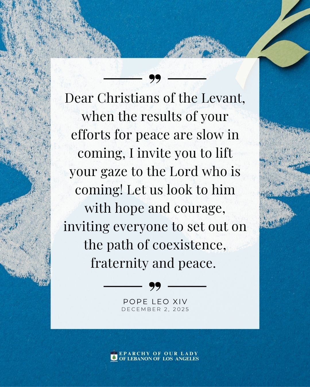 Dear Christians of the Levant, when the results of your efforts for peace are slow in coming, I invite you to lift your gaze to the Lord who is coming! Let us look to him with hope and courage, inviting everyone to set out on the path of coexistence, fraternity and peace.
Pope Leo XIV
December 2, 2025