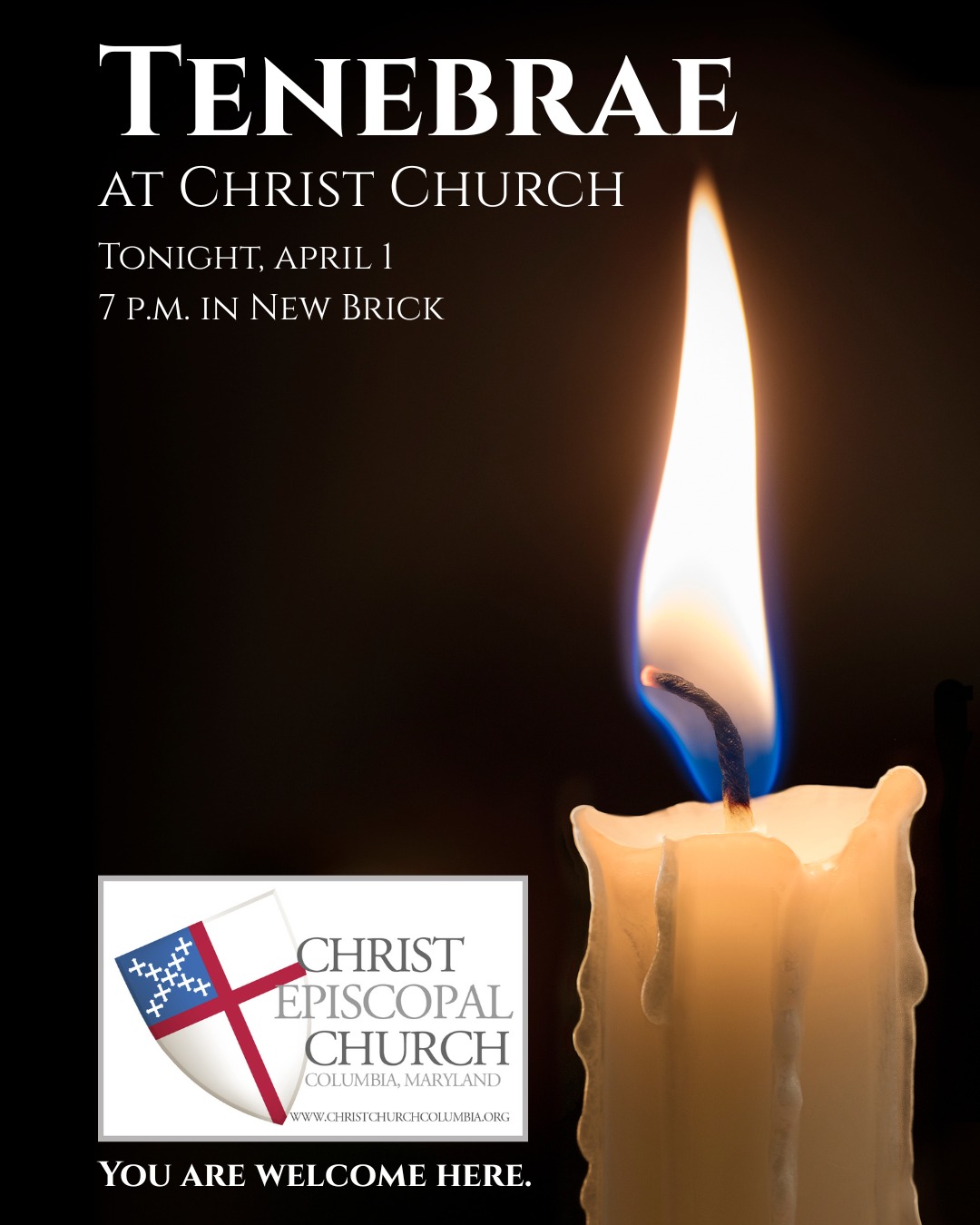 Tenebrae at Christ Church - Tonight
Wednesday, April 1 at 7 p.m. in New Brick
The word Tenebrae is Latin for “shadows” or “darkness” and can also be translated as “night” or “death.” The word calls our attention to scriptural accounts of Christ’s crucifixion, when “darkness came over the whole land” (Mark 15:33; Matthew 27:45, Luke 23:44).
The Tenebrae service is an ancient Christian tradition recalling the somber events of Jesus’ last days, beginning with the Last Supper and ending with his burial. During Tenebrae, candles are extinguished one by one as scripture and music tell the story of Holy Week. The gradual descent into gloom is a representation of Jesus’ increasing sorrow as the events of Passion Week unfolded.
At the end of the service, a loud noise is sounded representing the closing of Christ’s tomb. Everyone then departs in silence in the shadows cast by a solitary candle.
Join us for this somber yet beautiful service of Holy Week.
YOU ARE WELCOME HERE.
Check out all of our Holy Week and Easter services and gatherings at https://www.christchurchcolumbia.org/holyweek.