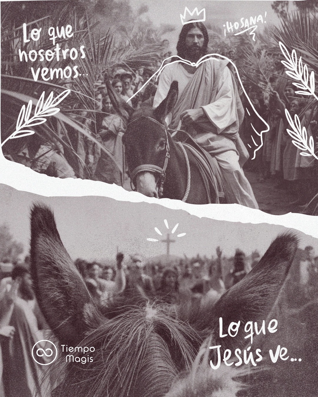 Domingo de Ramos. 🌿
Como discípulos hoy decimos: Jesús es rey. Mañana gritaremos: crucifíquenlo.
Jesús, en cambio, sabe dónde está entrando. Y lo hace con fe y determinación.
En esta Semana Santa te invitamos a mirar como Jesús mira.