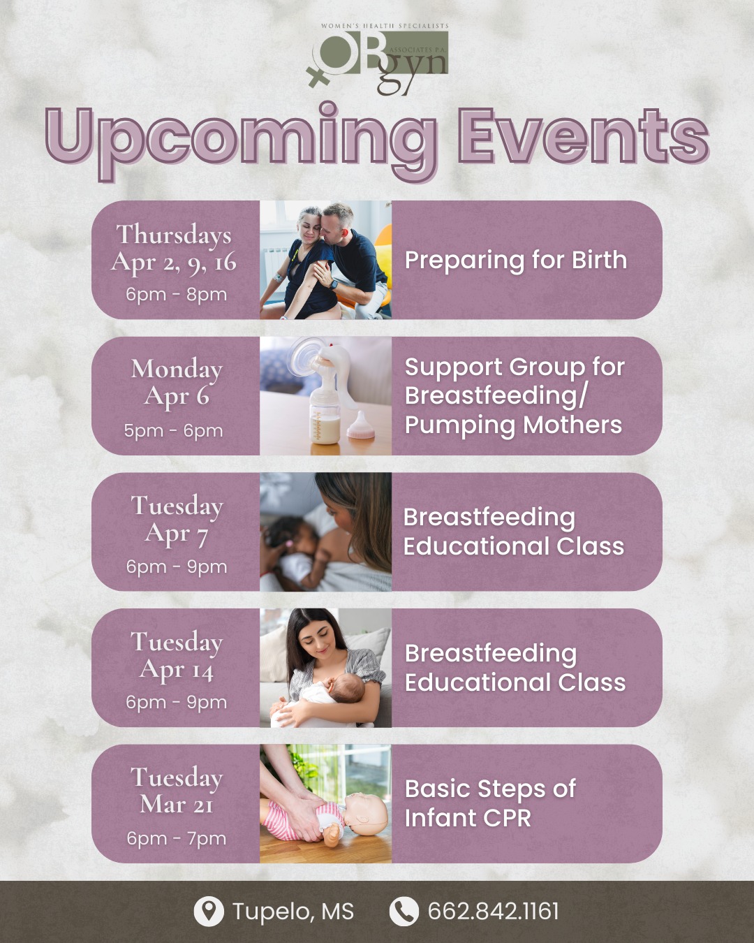 April brings new opportunities to learn, connect, and focus on your health! 🌷
Check out the lineup of NMHS events happening this month and save the dates that matter most to you.
View the full schedule at nmhs.net/classes-events
📍 4566 South Eason Blvd, Tupelo, MS 38801
-
#OBGYNAssociates #TupeloOBGYN #TupeloMS #OBGYN #WomensHealth #ReproductiveHealth #Gynecology #PregnancyEducation #PregnancyEvents #NMHS #NMMC