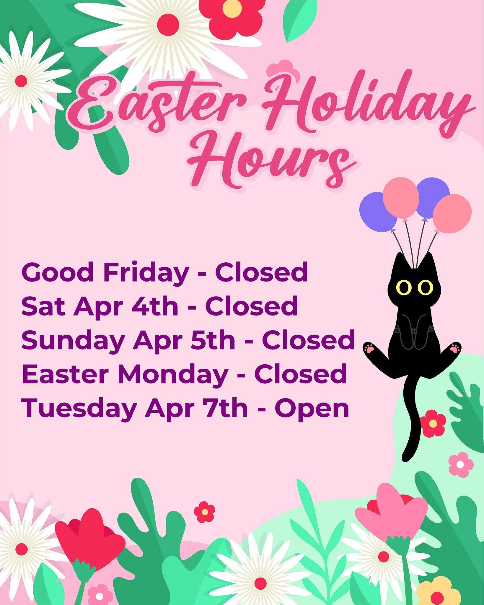 🌷Easter Hours🐰
We will be closed for Good Friday - Easter Monday and will be back open for our regular hours on Tuesday Apr 7th