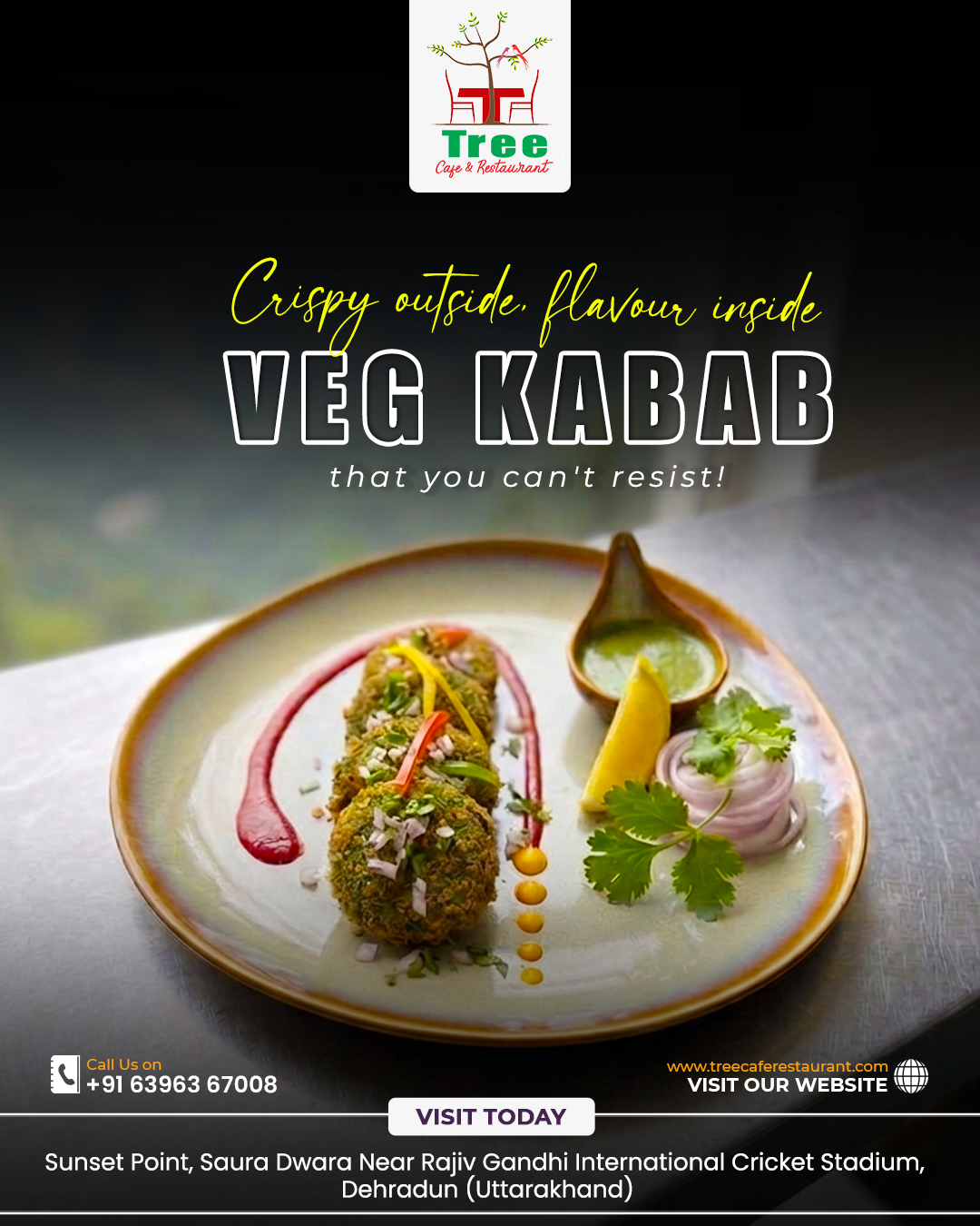 Crispy on the outside, bursting with flavour inside 😋🔥
Treat yourself to our irresistible Veg Kabab perfectly crafted to satisfy every craving! 🌿✨
Visit today and indulge in a taste you won’t forget.
#TreeCafe #VegKabab #FoodLovers #DehradunEats #FoodieLife #VegDelights #StreetFoodIndia #FoodCravings
