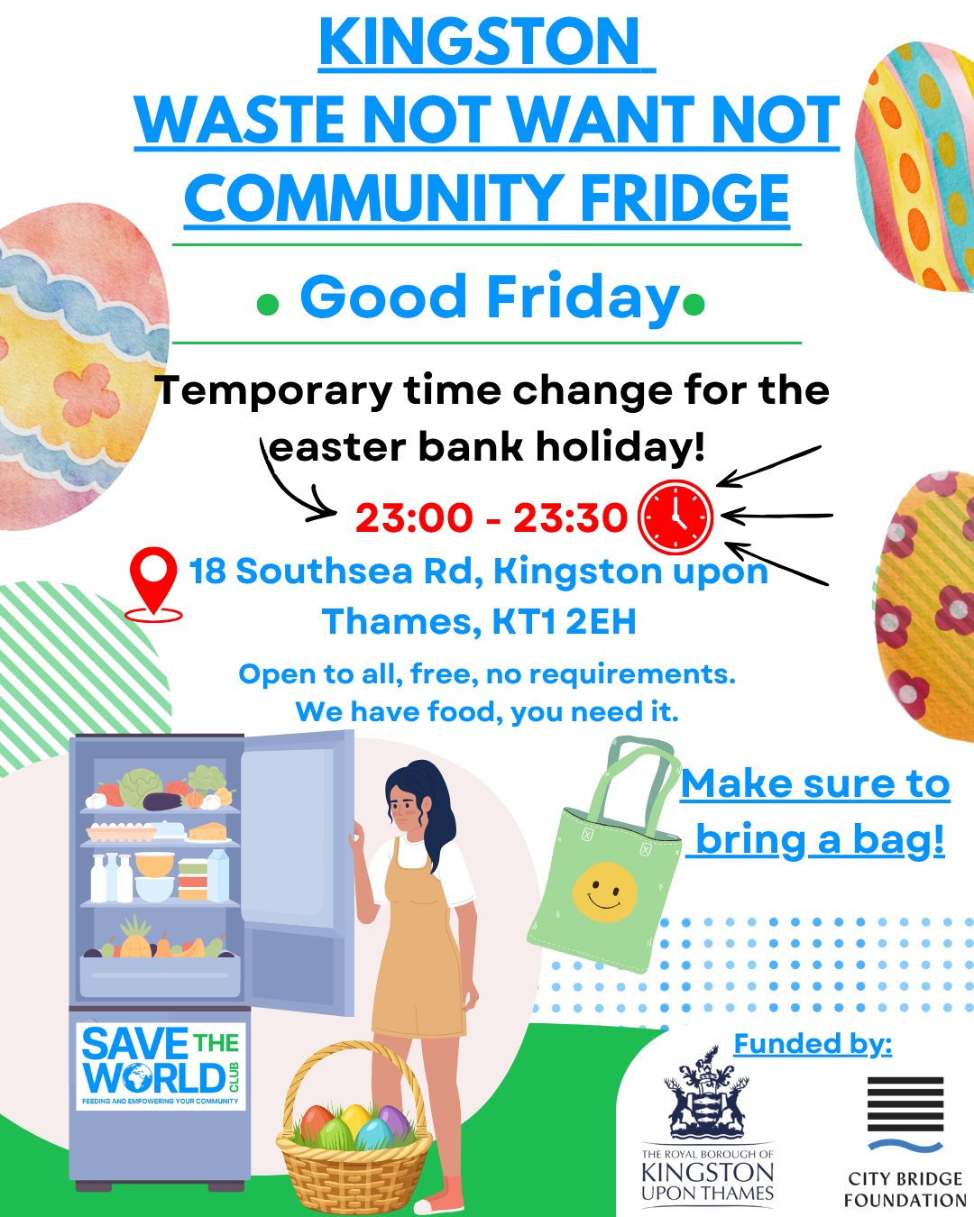 This Good Friday, The Kingston Waste Not Want Not Community Fridge will take place *half an hour later than usual* due to supermarket open time changes. Make sure you're following us to get any updates on future Community Fridge changes and join us for our community fridge most Friday nights to collect surplus food for free!
📍18 Southsea Rd, Kingston upon Thames, KT1 2EH.
⏰From 11:00pm-11:30pm (23:00-23:30).
🌷 Wishing you a joyful Easter filled with hope, renewal, and little moments that make your heart feel light.
We welcome you to share and have a great evening!
#Food #Free #CommunityFridge #Surplus #SurplusFood #Quality #Meat #Vegetables #community #charity #foodpovertyuk #foodpoverty #foodpovertylondon #environmental #environment #kingstonuponthames #kingston #surbiton #tolworth #newmalden #chessington #ConnectedKingston