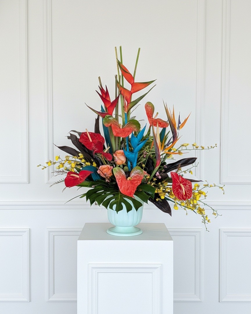 Dan and Kristen Cordell honoring
Millie Cordell and her love of tropicals.
Jeanne Davis AIFD Cfd
#ABF#heliconia#anthirium#birdsof
paradise#tropicalfoliage