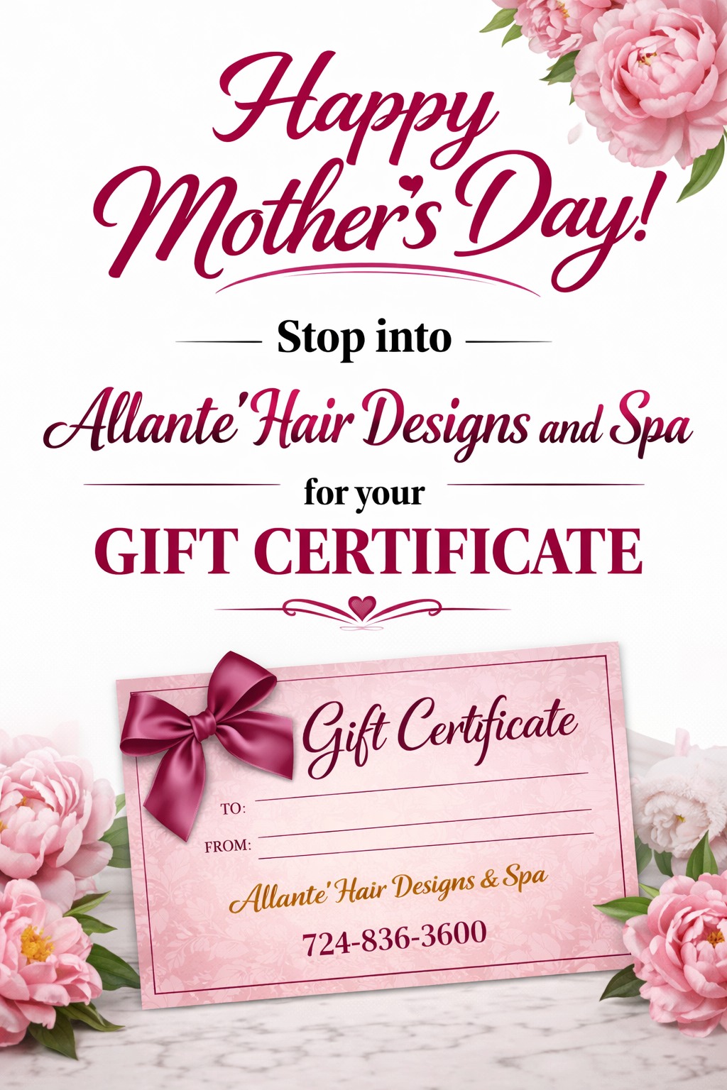 🌸 Celebrate Mom in Style this Mother’s Day! 🌸
Looking for the perfect gift? Give her something she’ll truly love… beauty, relaxation, and a little luxury.
⏳ Don’t wait… Mother’s Day will be here before you know it!
Visit us at www.allantehair.com