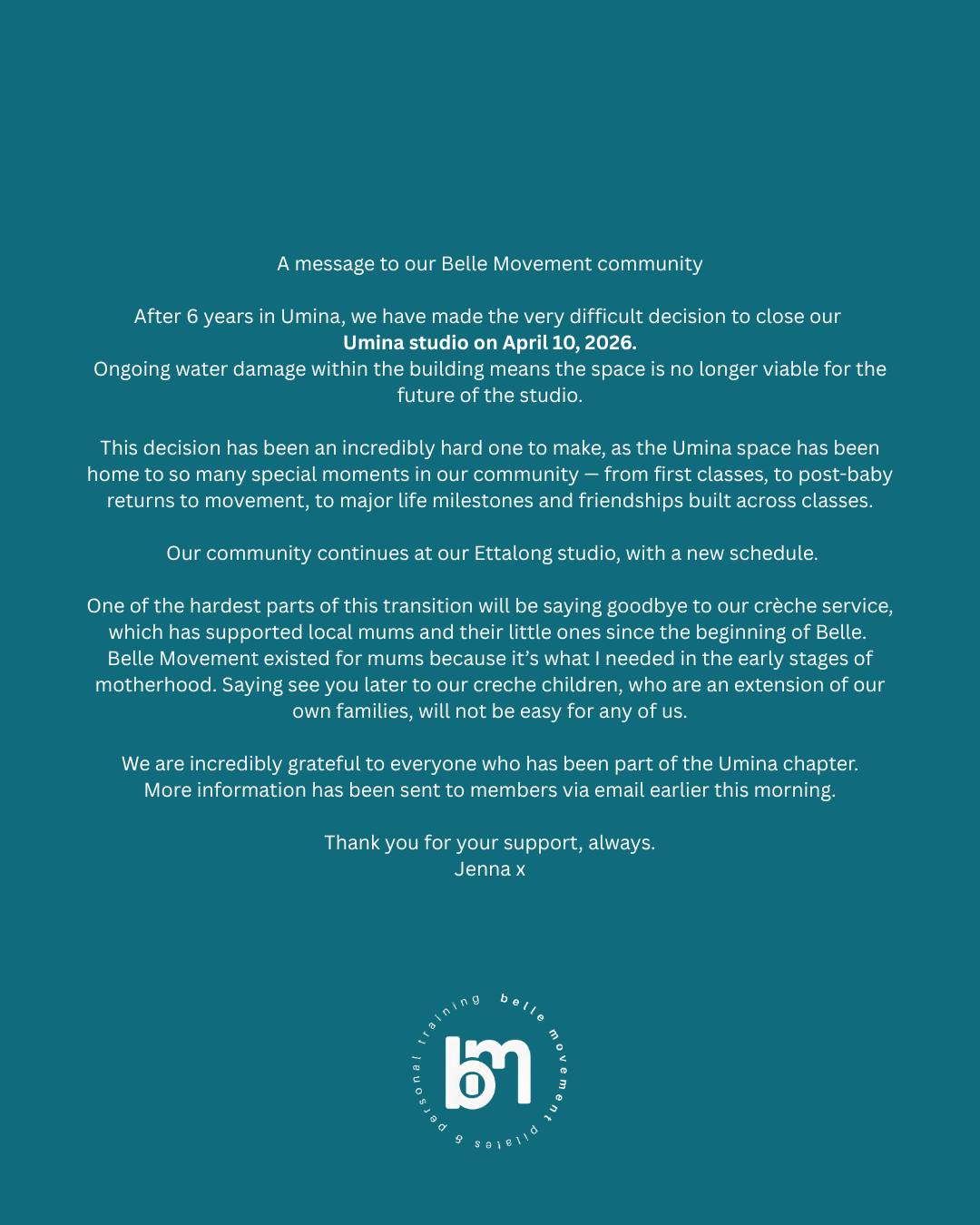 Belle Movement Umina will close Friday 10th of April 💔