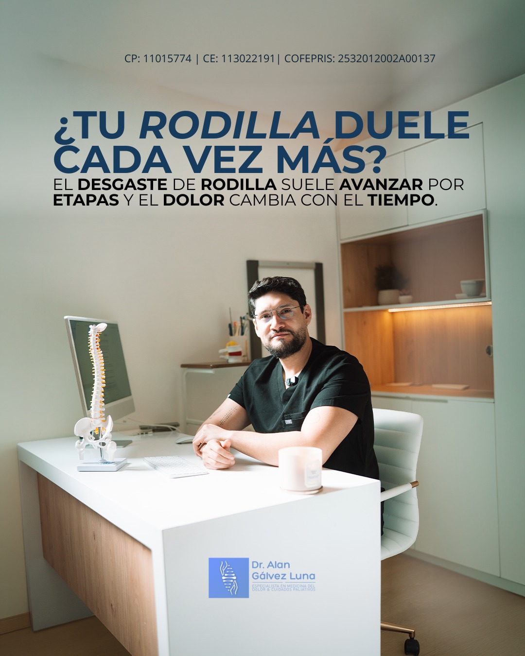El desgaste de rodilla no aparece de un día para otro.
Generalmente comienza con molestias después de caminar o hacer esfuerzo y con el tiempo puede limitar actividades cotidianas como subir escaleras o levantarse.
Detectar la fase del desgaste permite elegir el manejo adecuado para cada caso.
🦵 El dolor al caminar o al levantarte puede ser una señal temprana de desgaste articular.
Dr. Alan Valente Gálvez Luna
⚕️Especialista en Medicina del Dolor y Algología
📍 Plaza Cititower, Guadalajara, Jalisco
📍 Cráter 10, Guadalupe, Zacatecas
📍 Hospital San Antonio del lago de Chapala, Jalisco
Reserva tu cita →
📞 Guadalajara: 33 4675 6141
📞 Chapala: 33 4675 6141
📞 Zacatecas: 492 264 8689
UNIVERSIDAD AUTÓNOMA DE GUADALAJARA| UAG
CP: 11015774| CE: 13022191| COFEPRIS Santa Fe: 2532012002A00137
COFEPRIS GDL Instituto ION: 2514102002A00839