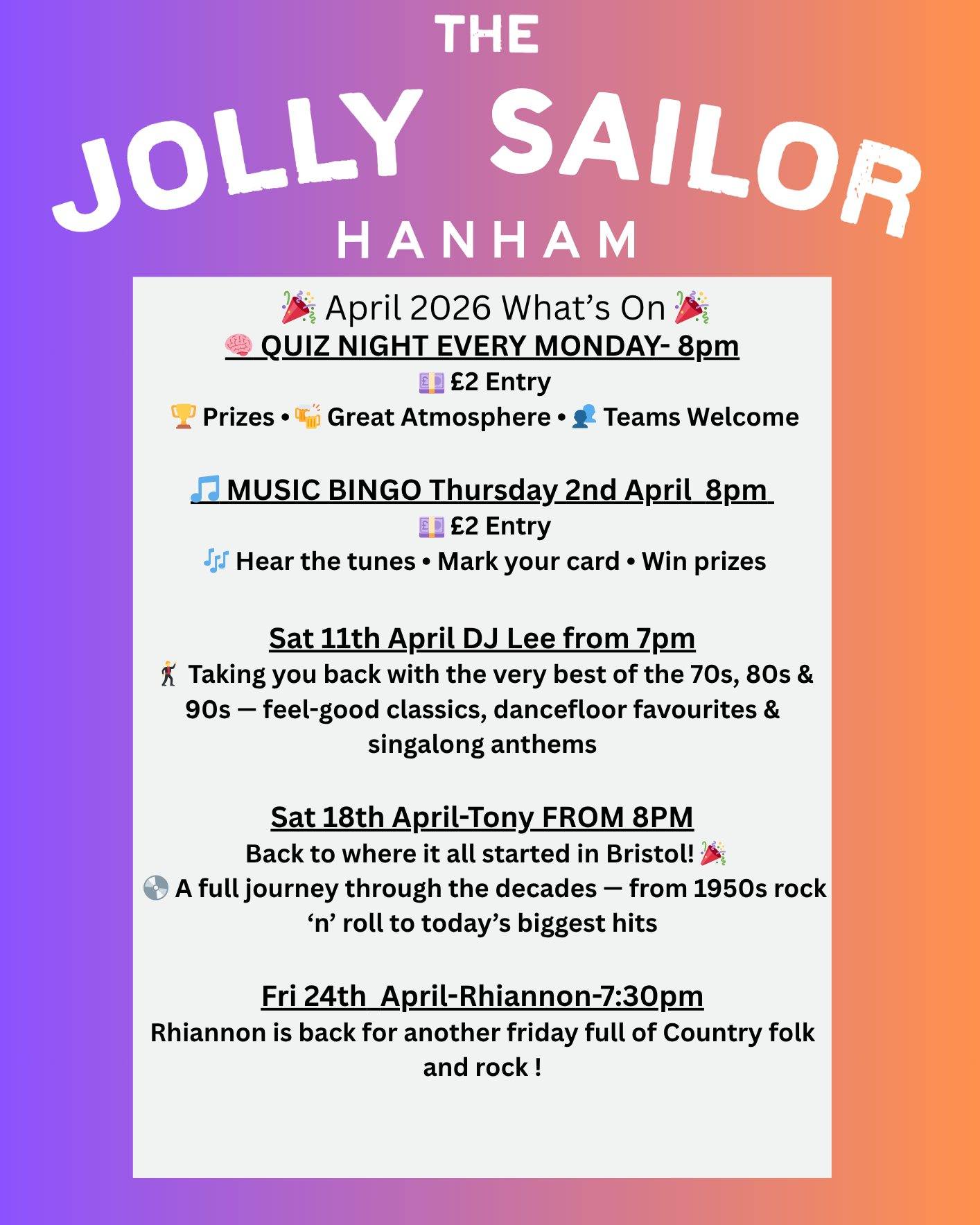 🌟 WHAT’S ON AT THE JOLLY THIS APRIL 🌟
We’ve got a jam-packed month ahead – great vibes, live entertainment, and plenty of reasons to pop down 🍻