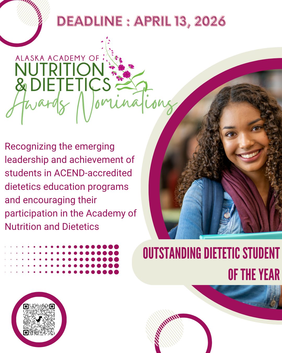 The purpose of the Outstanding Dietetics Student Award program is to recognize the emerging leadership and achievement of students in ACEND-accredited and approved dietetics education programs and encourage their participation in the Academy of Nutrition and Dietetics.
Nominate yourself or your peers today at the link in bio!