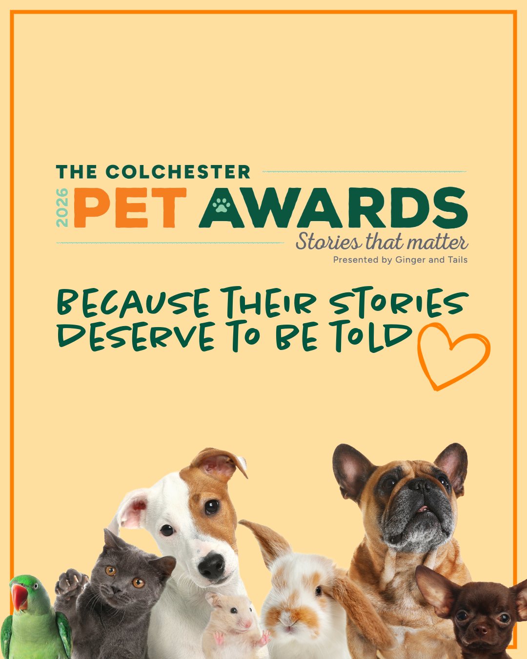 🐾 Colchester Pet Awards 2026 — entries are open! 🐾
We’re delighted to share that our very own Dr Joanna Rodak-Smith MRCVS, Veterinary Surgeon and Founder of The Colchester Vets, will be part of the judging panel for this year’s Colchester Pet Awards.
These new community-led awards celebrate the powerful bond between pets and people, recognising meaningful local stories of resilience, companionship, care and responsible ownership.
Categories include:
🏆 Community and Character Award
🏆 Rescue Success Story Award
🏆 Behaviour Breakthrough Award
🏆 Young Handler Award
🏆 Golden Years Award
The awards are open to dogs, cats, horses, small animals, reptiles and other companion pets across Colchester and surrounding CO1–CO6 postcodes.
Every entry needs a written story and a photo, and winners will receive a certificate, trophy, social media coverage and the chance for their story to be shared with the Colchester Gazette.
📅 Entries close at 12pm on Saturday 6 June 2026
📍 Enter online via the Ginger and Tails website
Know a pet with an amazing story? Get your entries in — we’d love to see our local animal heroes recognised. 💚