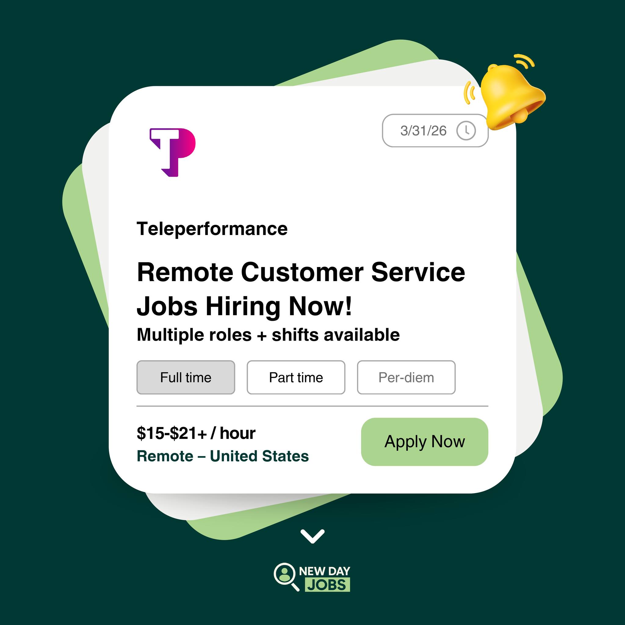REMOTE JOB(S) ALERT🚨
If you’re looking for a work from home opportunity, Teleperformance is actively hiring for multiple remote roles right now and is a known fair chance employer.
✔️ $15–$21+/hour
✔️ Work from home
✔️ Days, evenings, and overnight shifts available
✔️ Full-time and part-time shifts available
Multiple roles are available including customer service, tech support, sales, and more.
👉🏽 Visit us at www.newdayjobs.app for the application link and more remote roles.
Follow New Day Jobs for more opportunities!
#NewDayJobs #RemoteJobs #WorkFromHome #RemoteWork #RemoteHiring #NowHiring #HiringNow #ApplyNow #JobSearch #JobSeekers #FindAJob #GetHired #CareerOpportunities #CustomerServiceJobs #EntryLevelJobs #OnlineJobs #RemoteOpportunities #WorkFromHomeJobs #FullTimeJobs #PartTimeJobs #SecondChanceJobs #FairChanceHiring #ReentrySupport #JusticeImpacted #RemoteCareers #JobOpening #HiringImmediately #RochesterNY #UpstateNYJobs