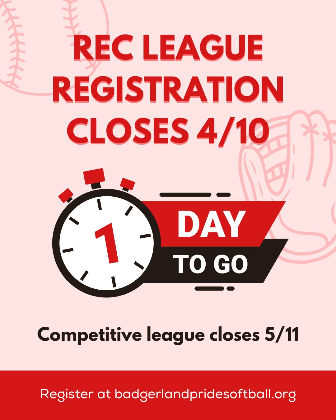 Registration closes TOMORROW for our recreational league! 🥎 This is the LAST day to guarantee you get a t-shirt! ‼️
Competitive league registration closes 5/11 🗓
Register at badgerlandpridesoftball.org 📝